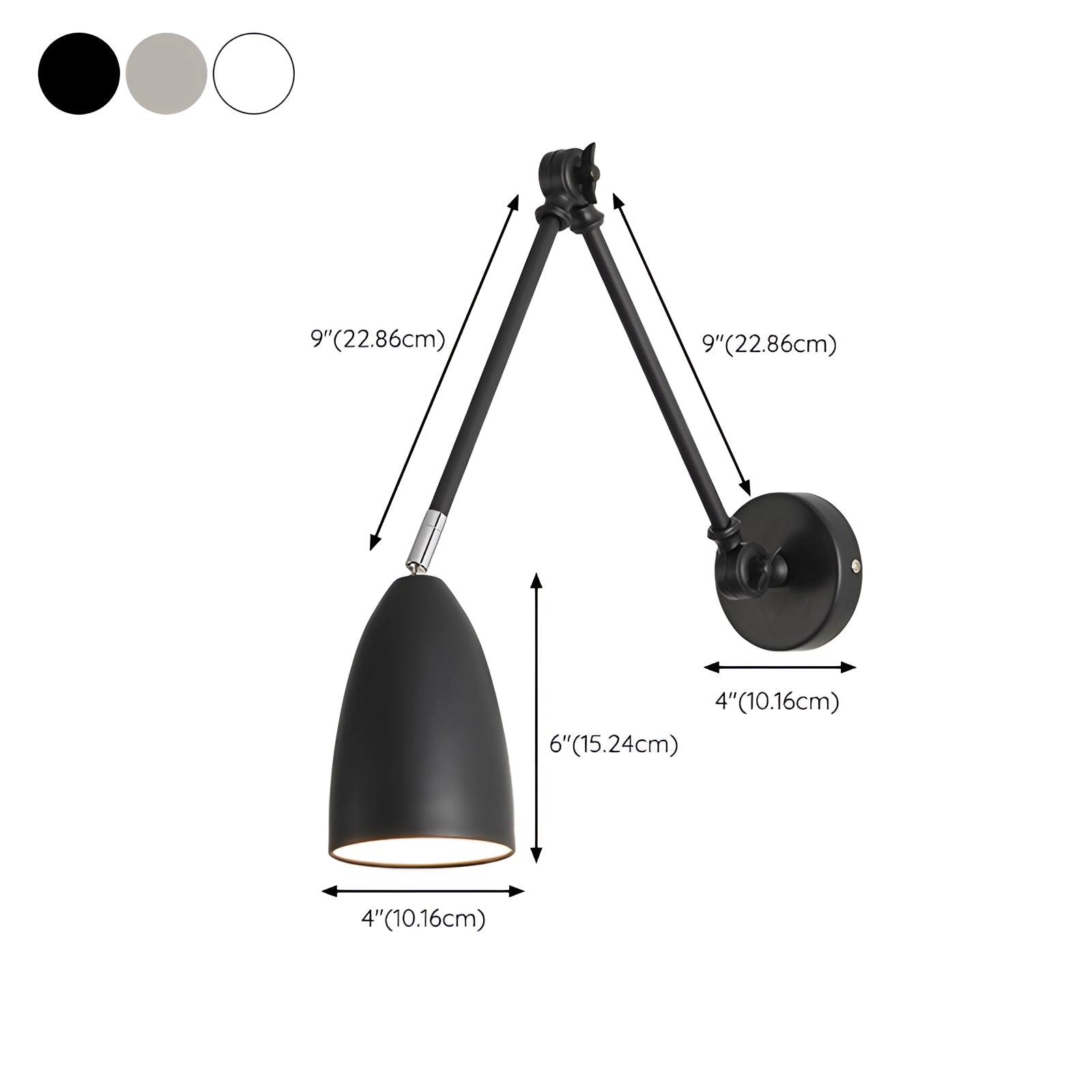 Black adjustable wall lamp with an industrial design featuring a flexible arm and a conical lampshade.