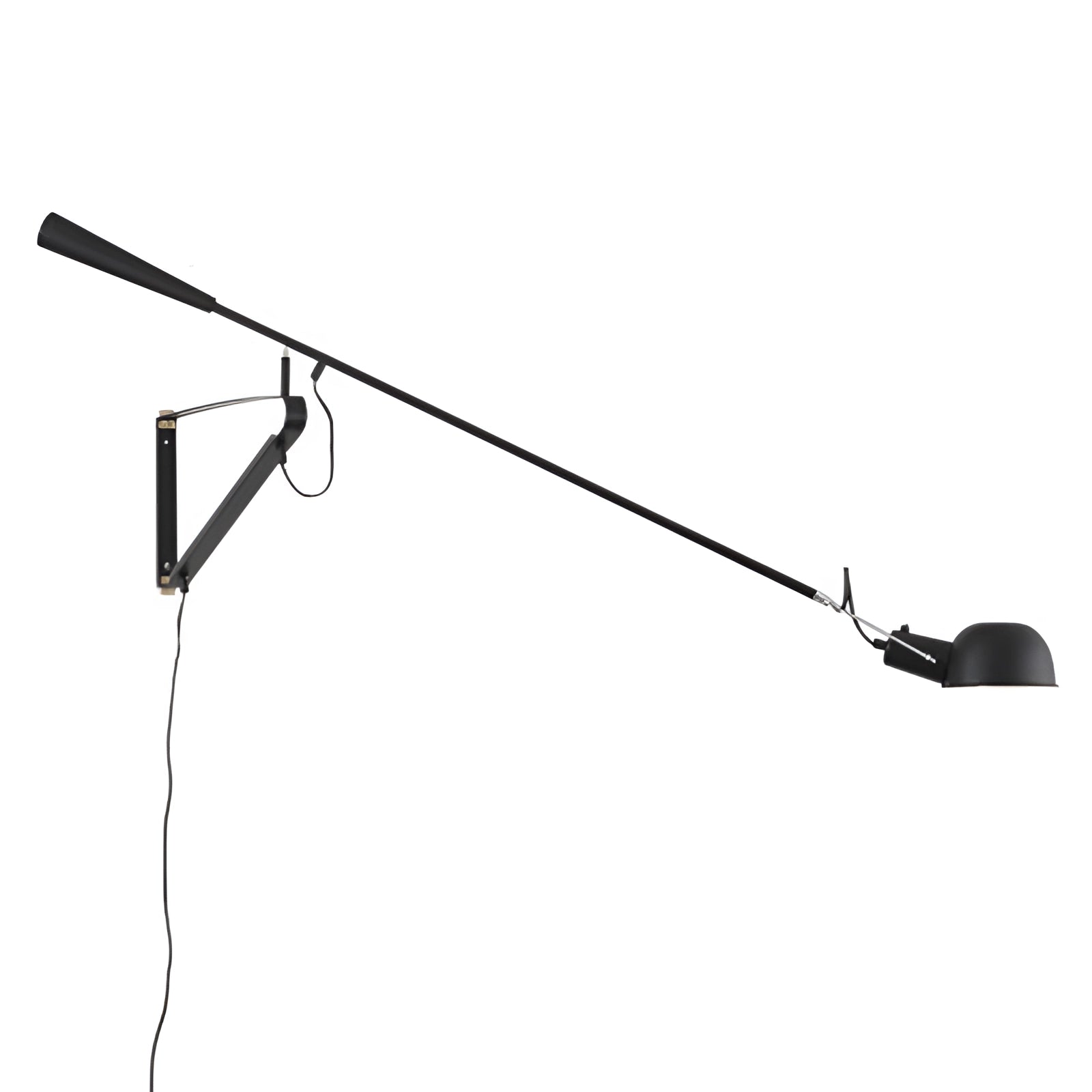 Adjustable industrial swing arm wall lamp with a sleek black modern design, featuring a metal light fixture and geometric shapes such as circles and rectangles, in a monochrome setting.