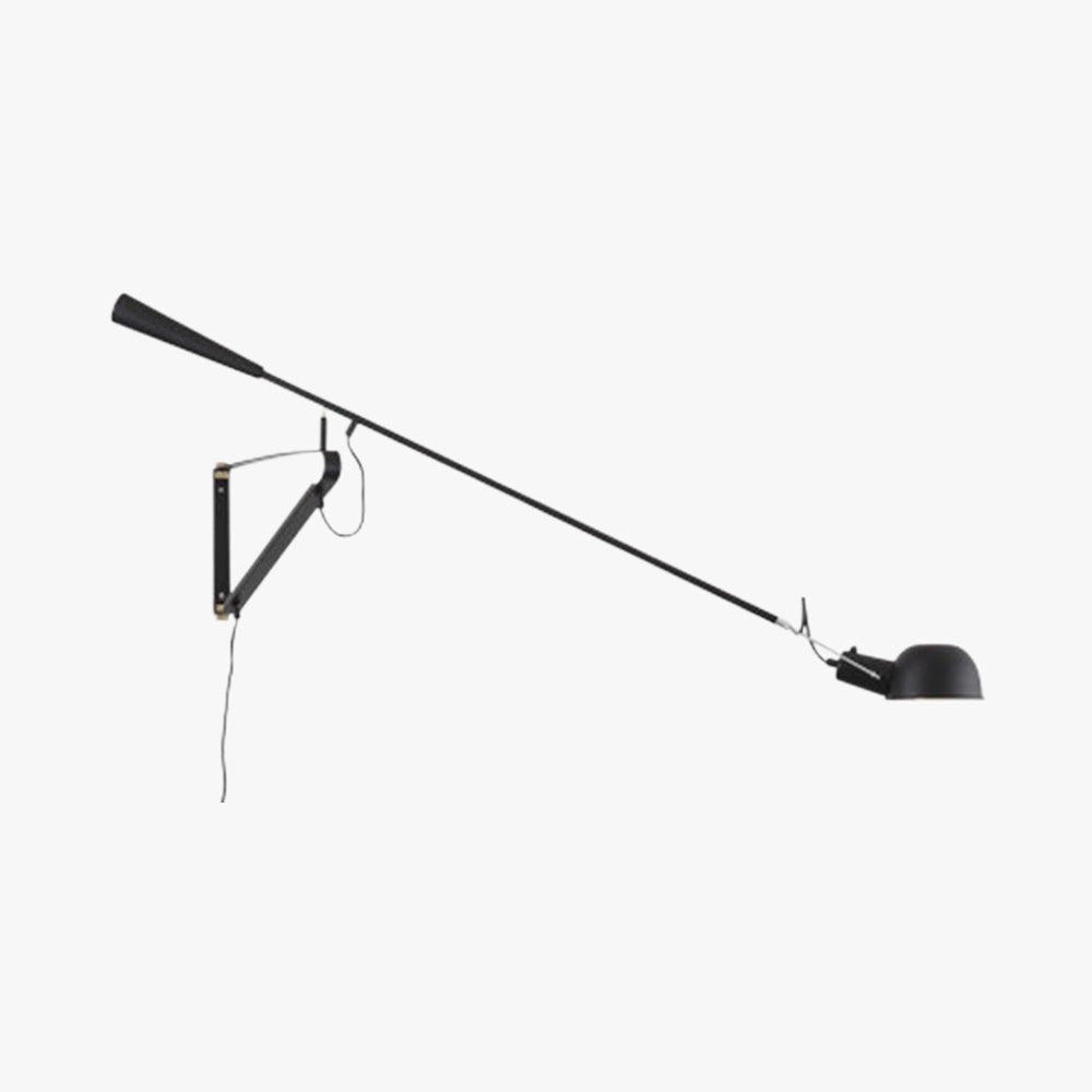 Adjustable industrial swing arm wall lamp in sleek black modern design, mounted on a wall with its arm extended outward, highlighting its contemporary and functional style.