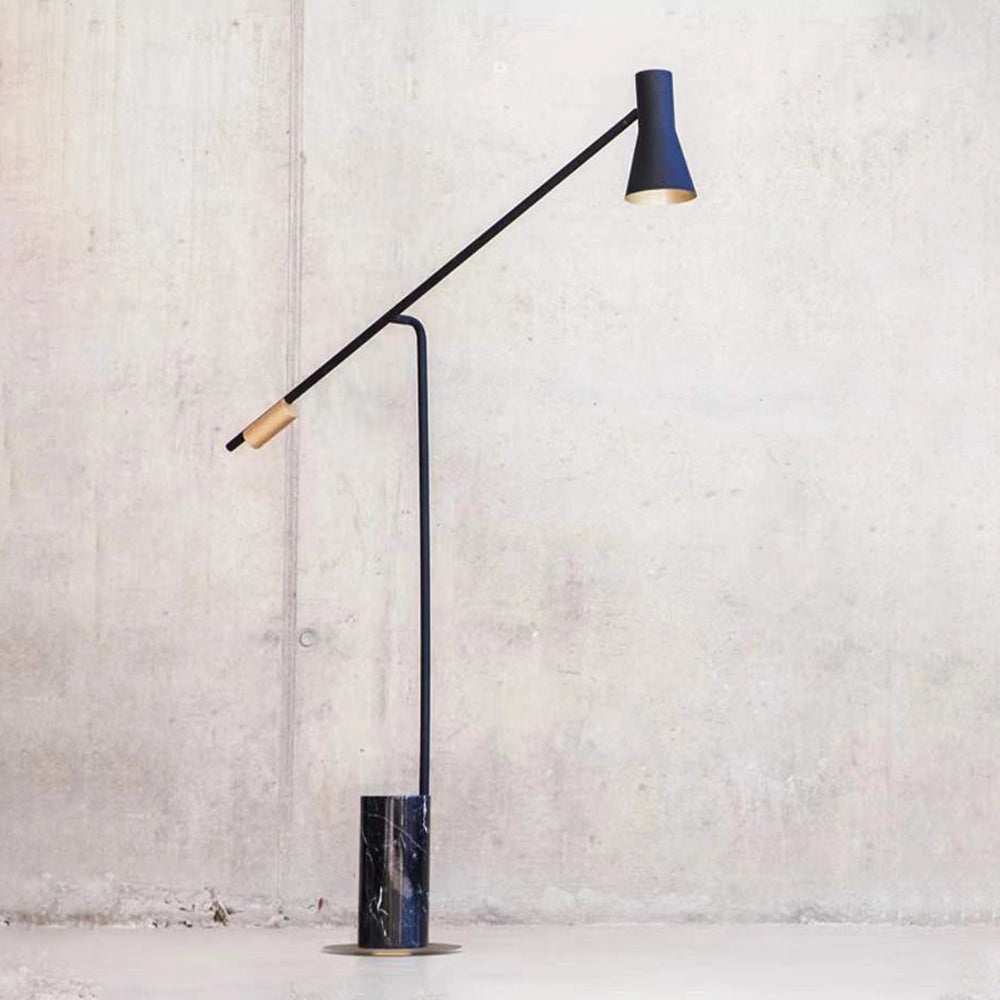 Black and gold adjustable Nordic floor lamp with a sleek and modern design, featuring a slender rectangular pole and a stylish light fixture, set against a minimalistic background.