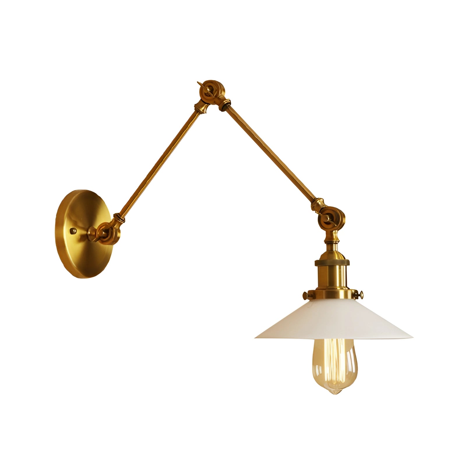 Adjustable vintage brass wall sconce with a frosted glass shade, featuring a metal body and triangular design elements, mounted on a wooden wall.