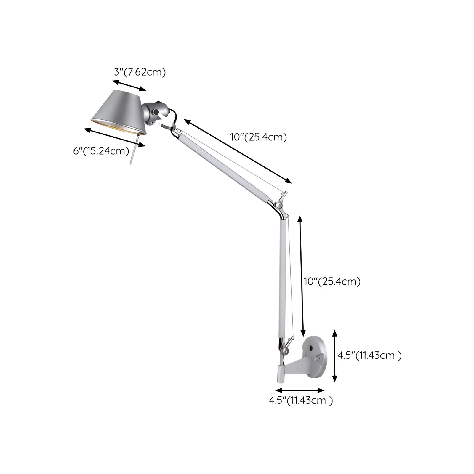 Adjustable wall-mounted industrial style metal lamp with a sleek reading light design, featuring a combination of nickel and steel materials for a durable and modern look.