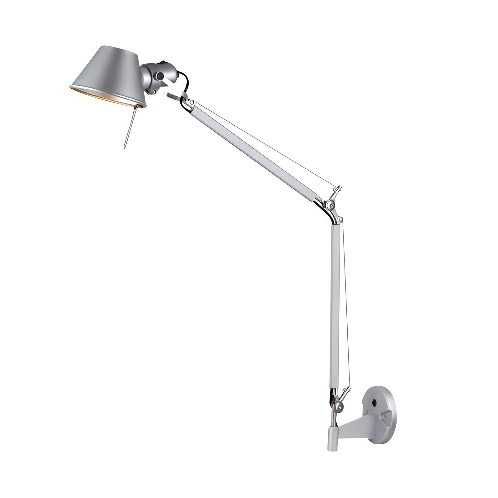 Adjustable wall-mounted metal lamp with an industrial design, suitable as a reading light.