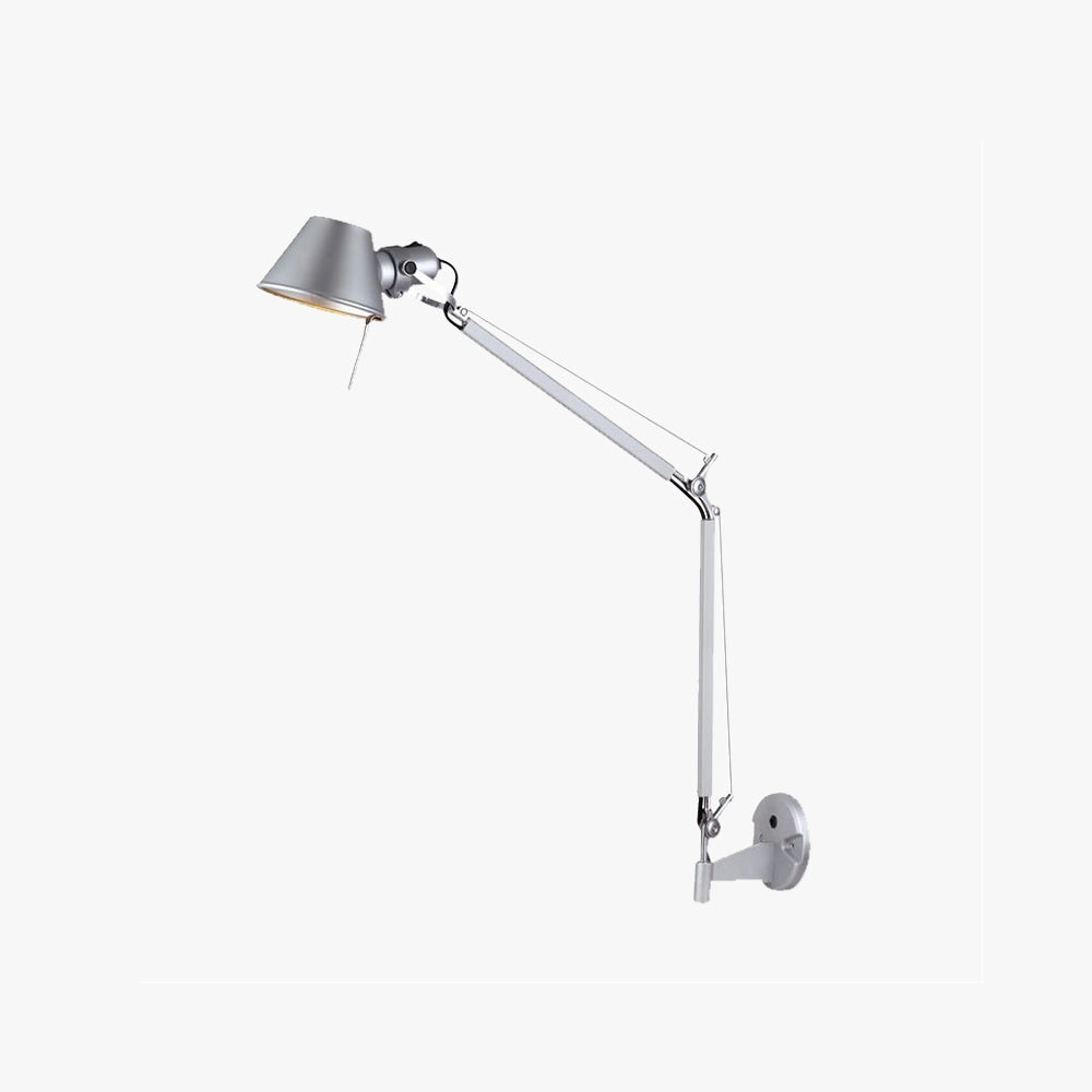Adjustable wall-mounted metal lamp in an industrial style, designed for reading, featuring a sleek metal finish with a contemporary look.