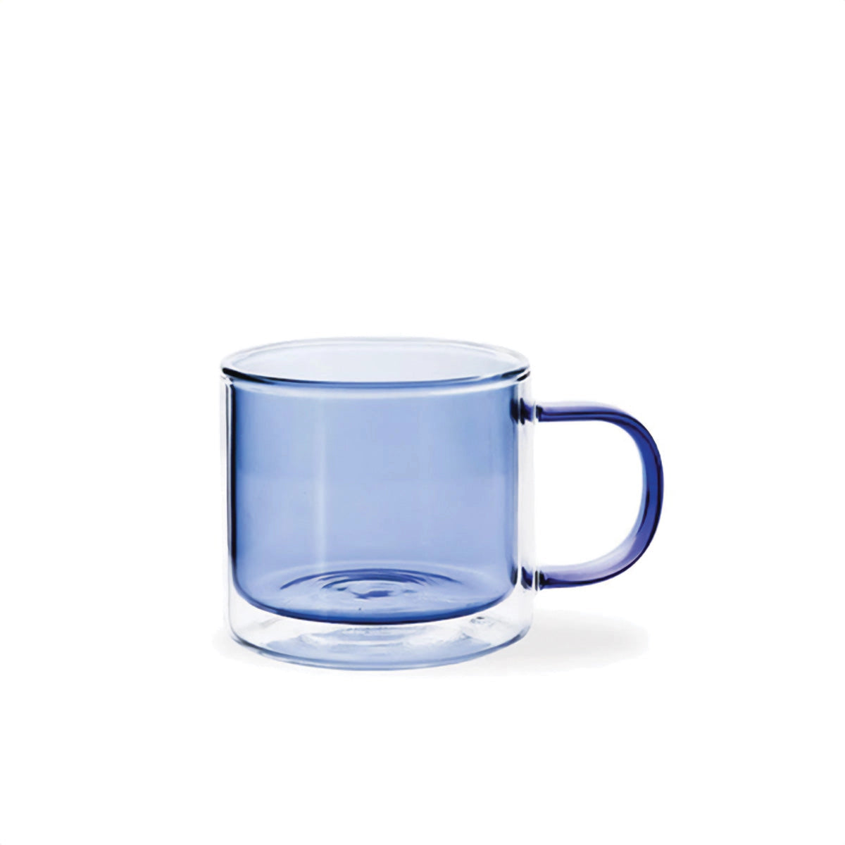 Amber glass mug in a blue variant, designed for durability and heat resistance, ideal for serving coffee and tea.