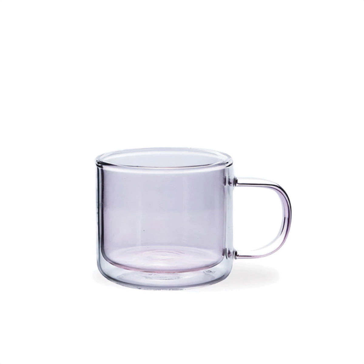 Amber glass mug filled with a hot beverage, featuring a lavender tint, placed on a wooden table, highlighting its durable and heat-resistant qualities for coffee and tea.
