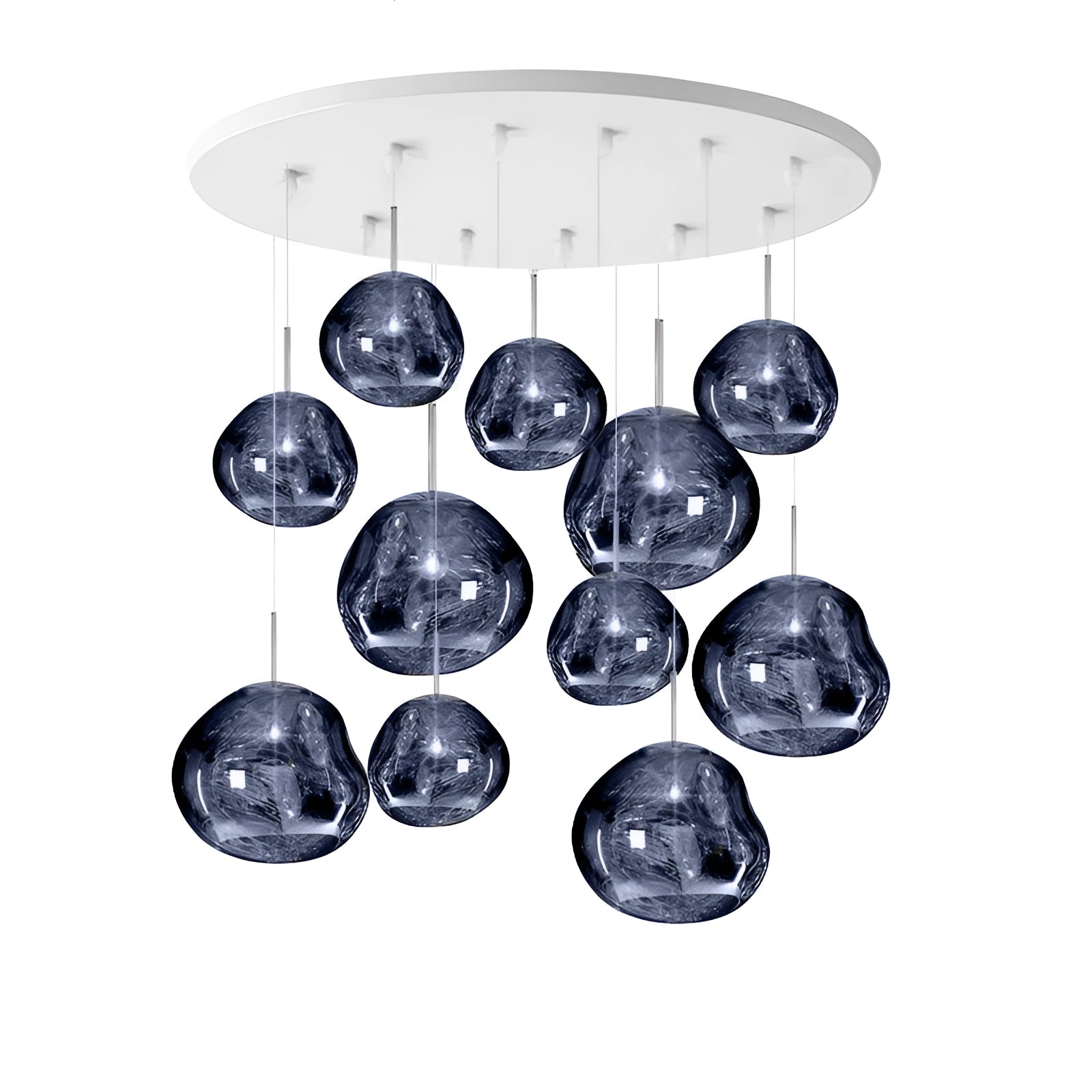 Modern copper ceiling lamp with an amber glass finish featuring a smoke grey triple pendant design with 11 heads, arranged in circles of two sizes: 28cm with six heads and 38cm with five heads, elegantly hanging as a contemporary lighting fixture ideal for stylish interiors.