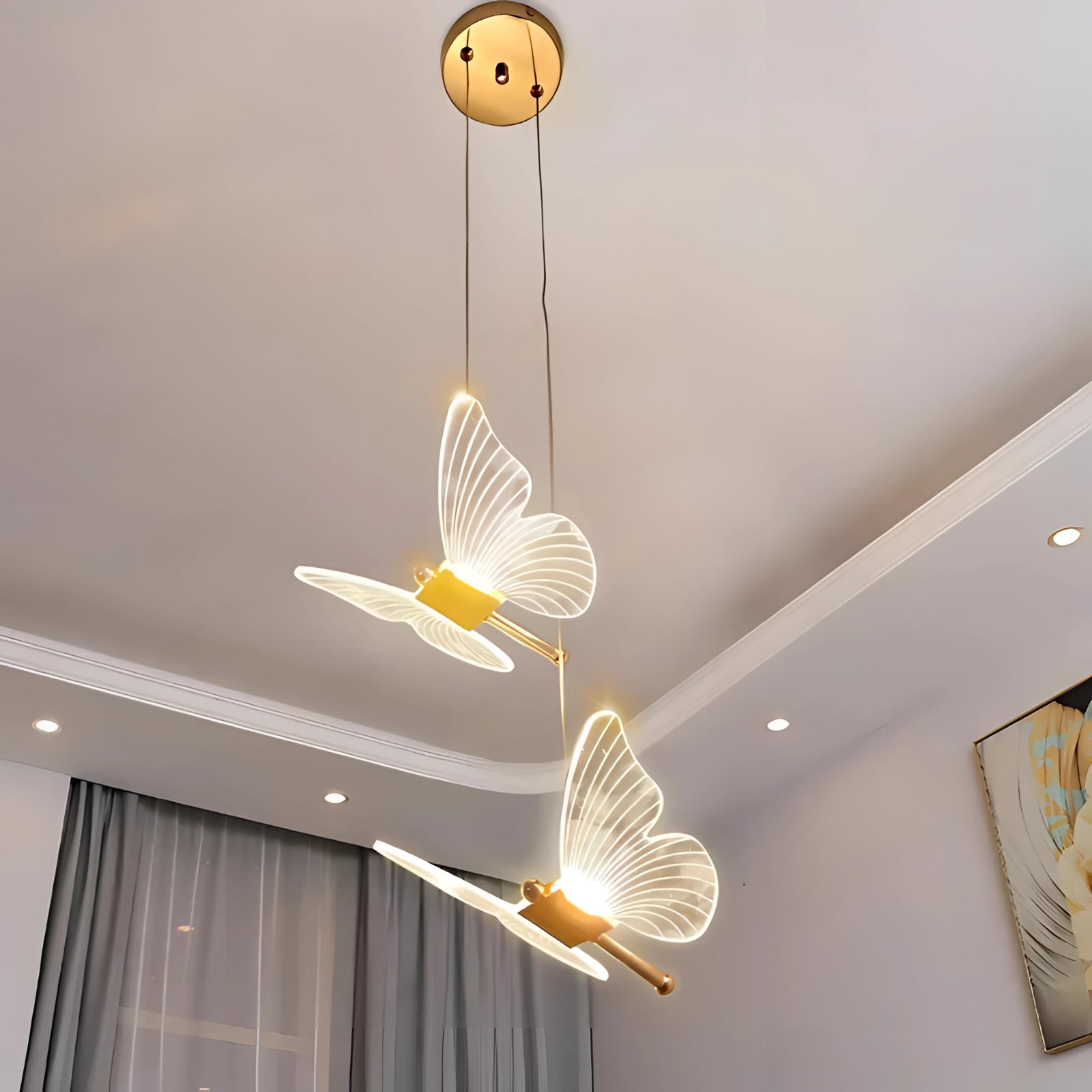Angel Wing LED wall sconces with a modern design, featuring two pieces in a daylight shade, mounted on a wooden wall in a bedroom interior.