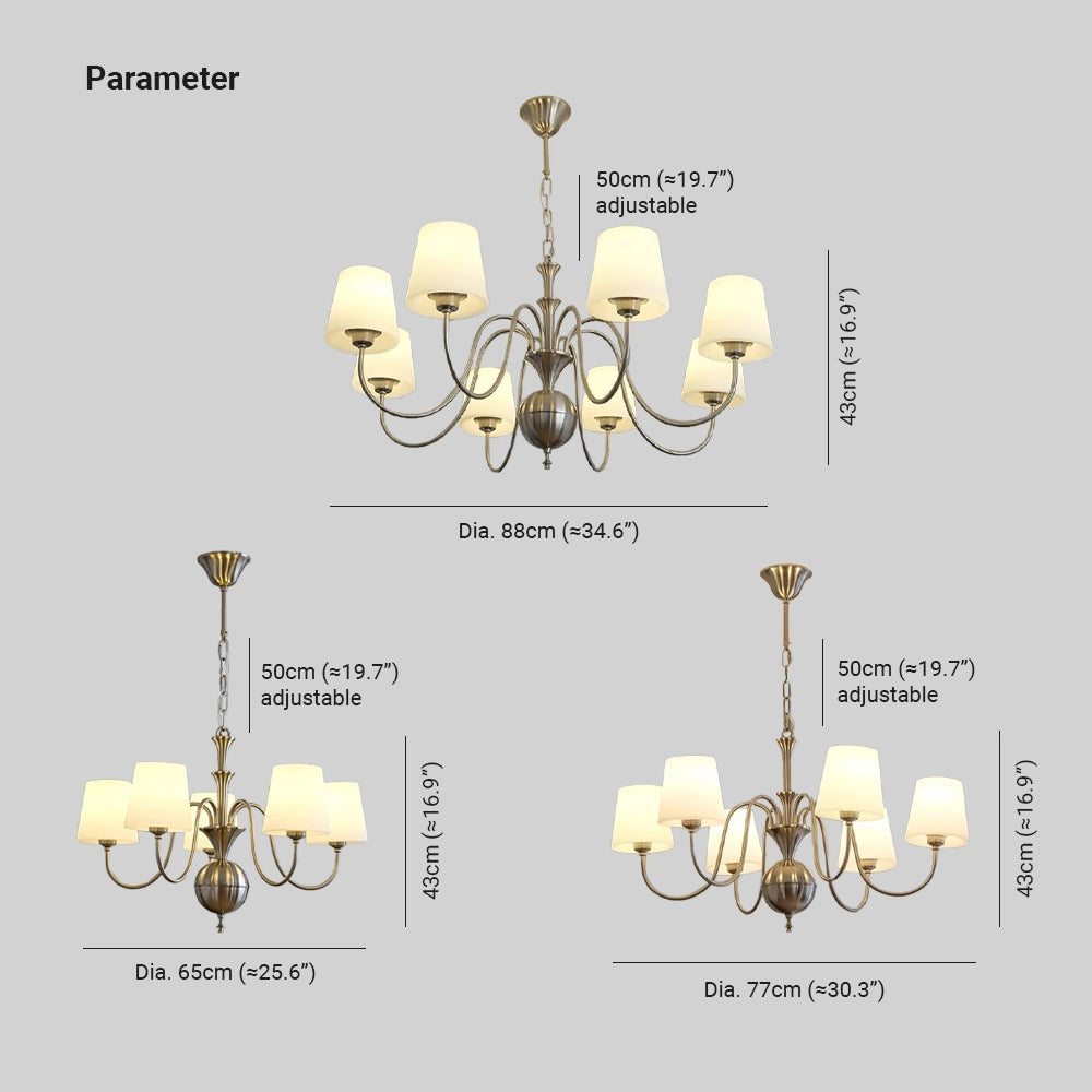 Antique brass six-light chandelier with frosted glass shades hanging from the ceiling, featuring a circular design with elegant metal detailing.