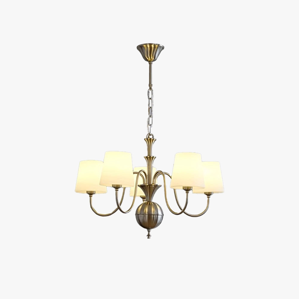 Antique brass six-light chandelier featuring frosted glass shades, designed as a ceiling fixture with a circular arrangement.