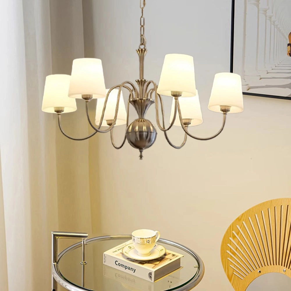 Antique brass six-light chandelier with frosted glass shade, featuring a circular design with a diameter of 30.3 inches, elegantly illuminating an interior space.
