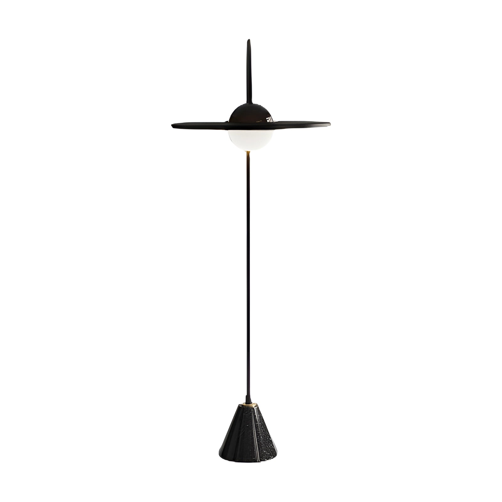 Arched minimalist floor lamp with a modern black sculptural design, featuring a sleek metal structure and a simple light fixture.
