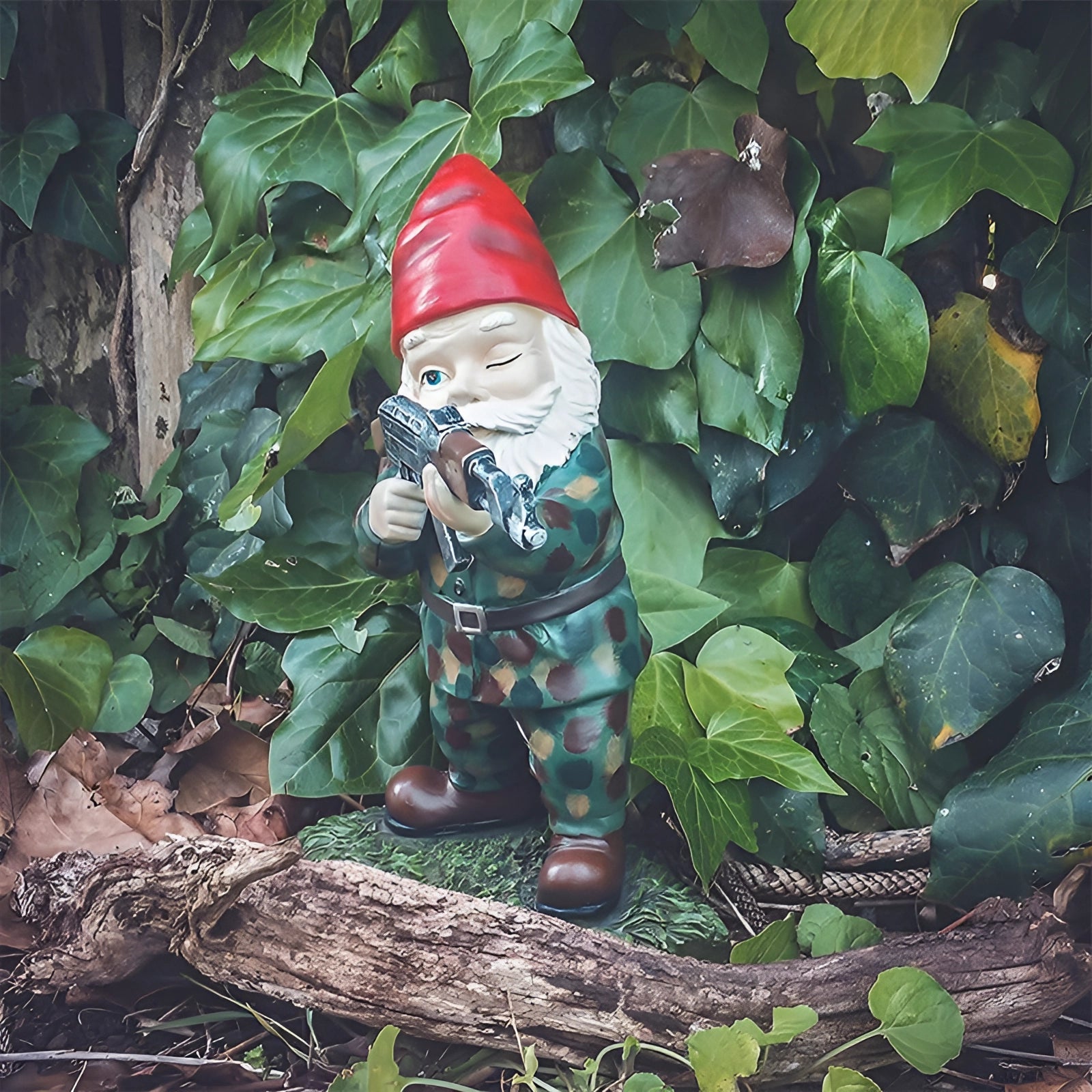 Armed Warrior Garden Gnome Statue featuring a soldier-themed gnome holding an AK-47, set against a natural outdoor backdrop with grass and plants.