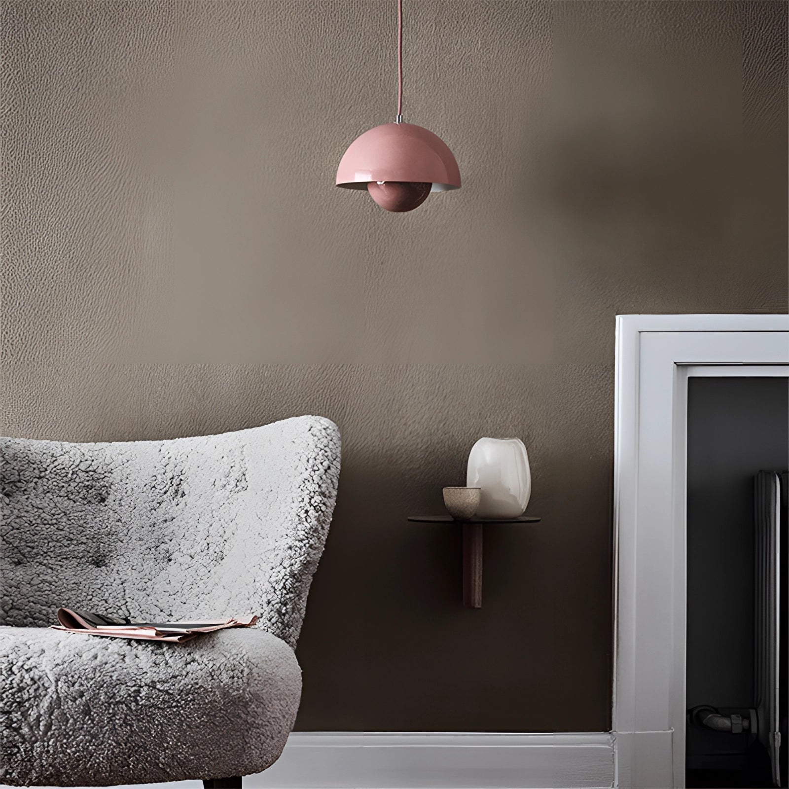 Modern retro pendant lights in yellow, white, and orange, featuring a rectangular wooden design, complementing interior design with a cozy and stylish ambiance.