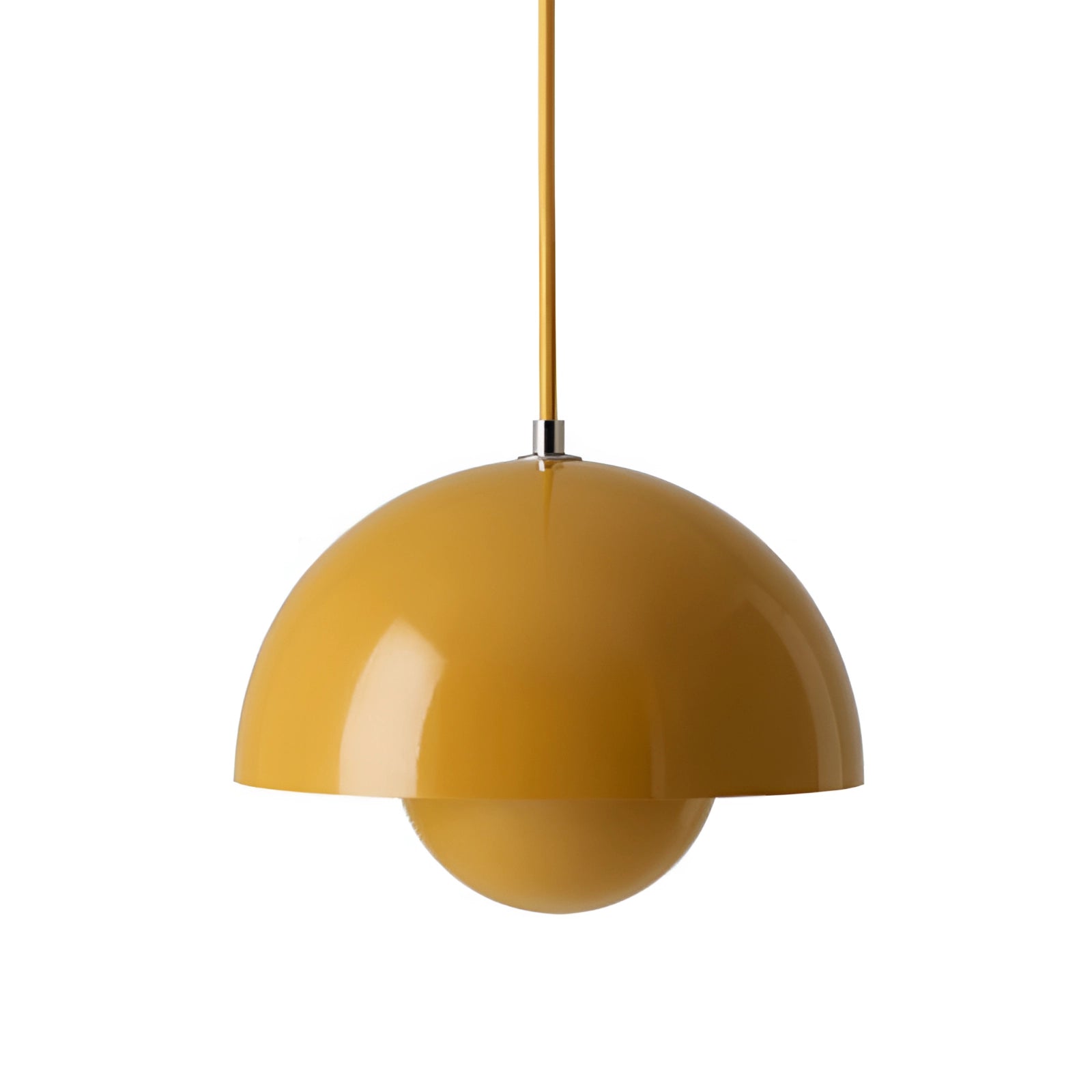 Modern retro yellow pendant light, 23cm by 16cm, with a sleek, colorful design featuring white and orange accents, hanging from a ceiling fixture.