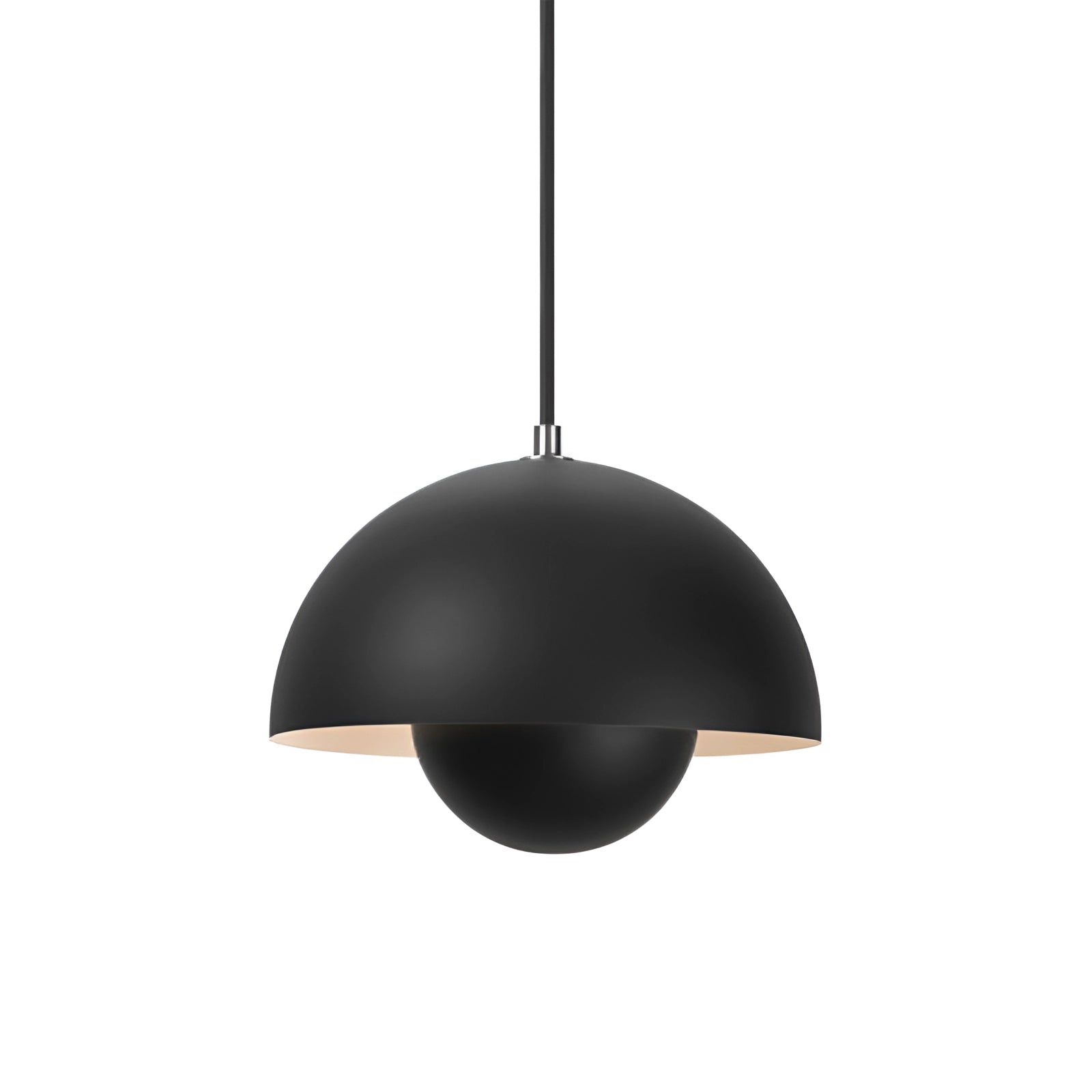 Modern retro pendant light in black with a colorful lampshade featuring yellow, white, and orange segments, measuring 23CM by 16CM, hanging from the ceiling.