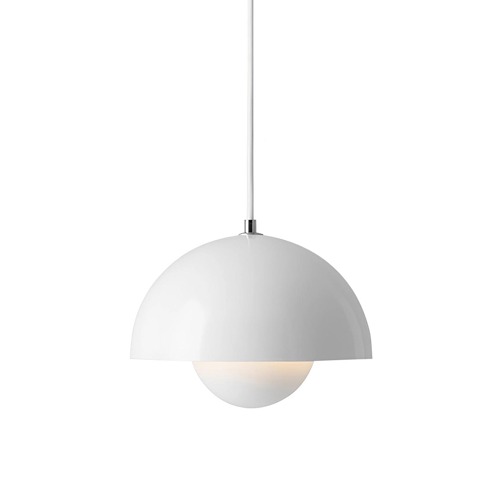 Modern retro pendant light in white with a diameter of 23CM and height of 16CM, featuring a sleek, minimalist design and hanging from the ceiling.
