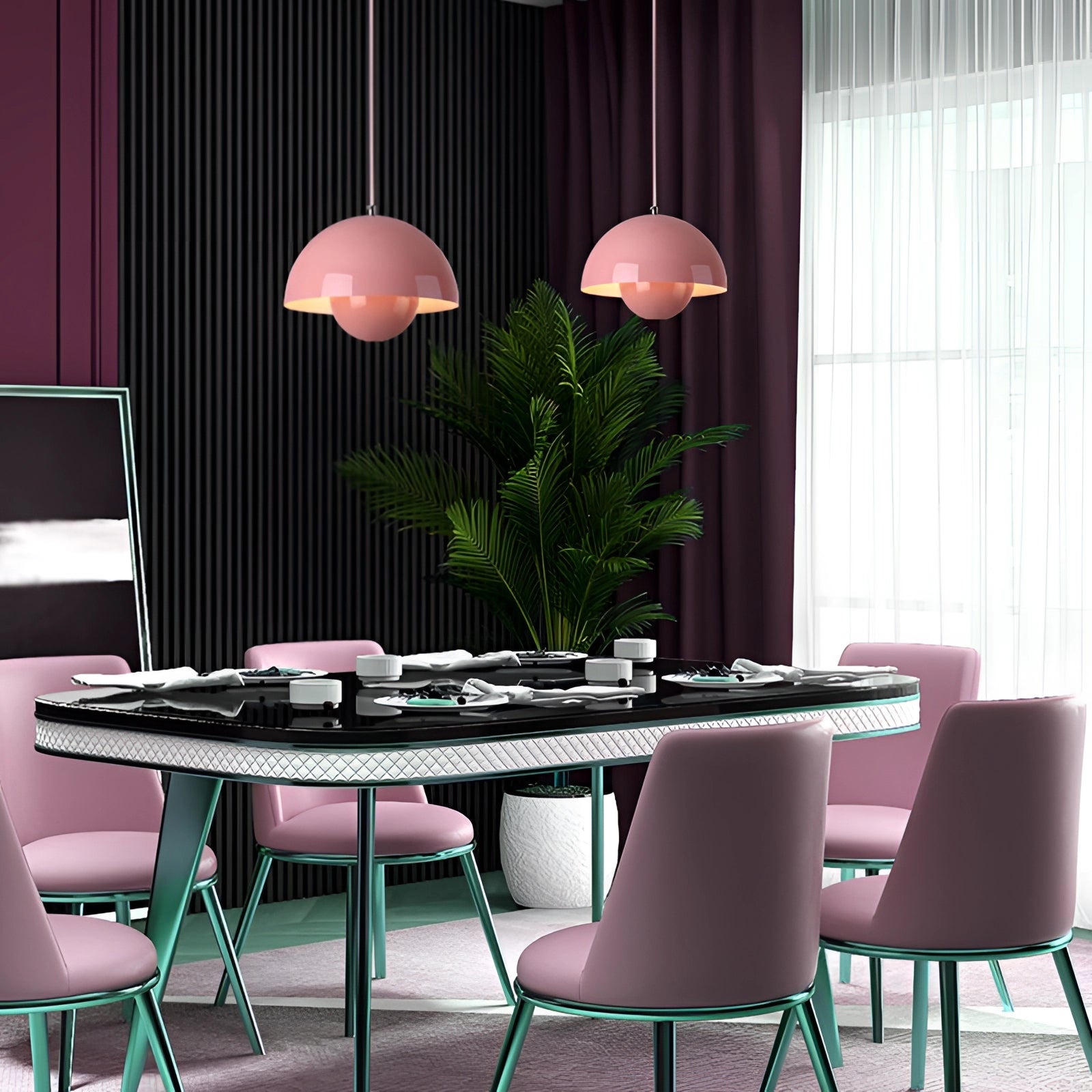 Auroraglo V2 Colorful Pendant Lights in modern retro design featuring yellow, white, and orange colors, hanging above a table in a stylishly furnished room with chairs and contemporary interior design elements.