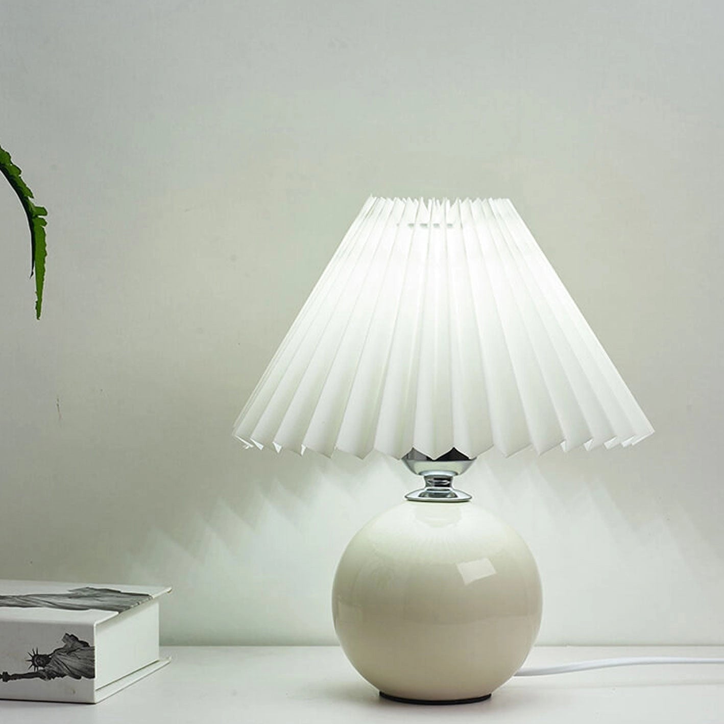 Beige Ceramic Table Lamp with Accordion Pleated Shade