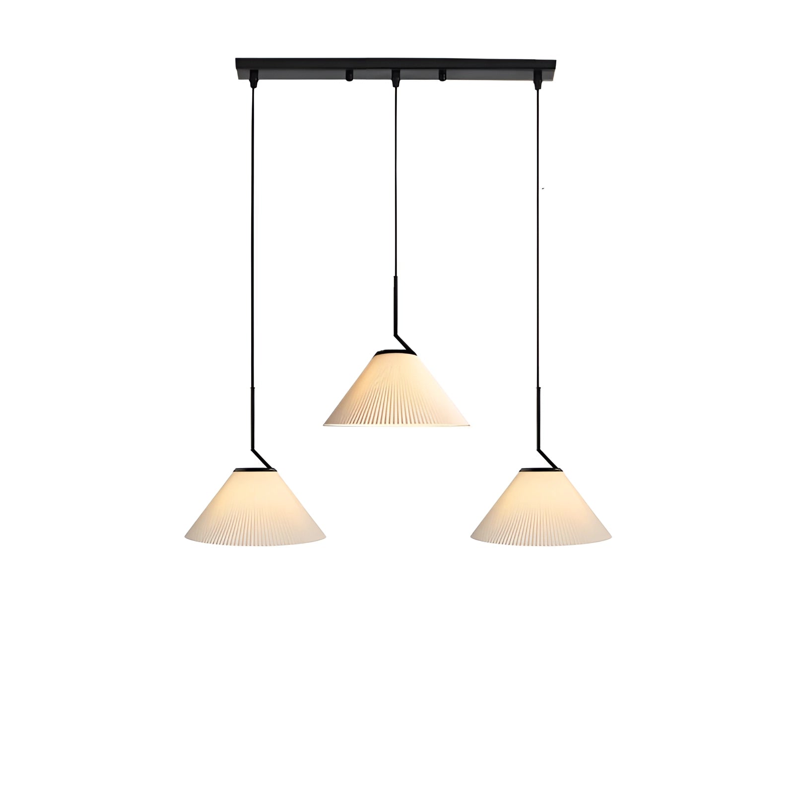Beige Scandinavian cone pendant light with three adjustable lamps in a beam, minimalist modern design, suitable for dining rooms, featuring wood and metal materials.