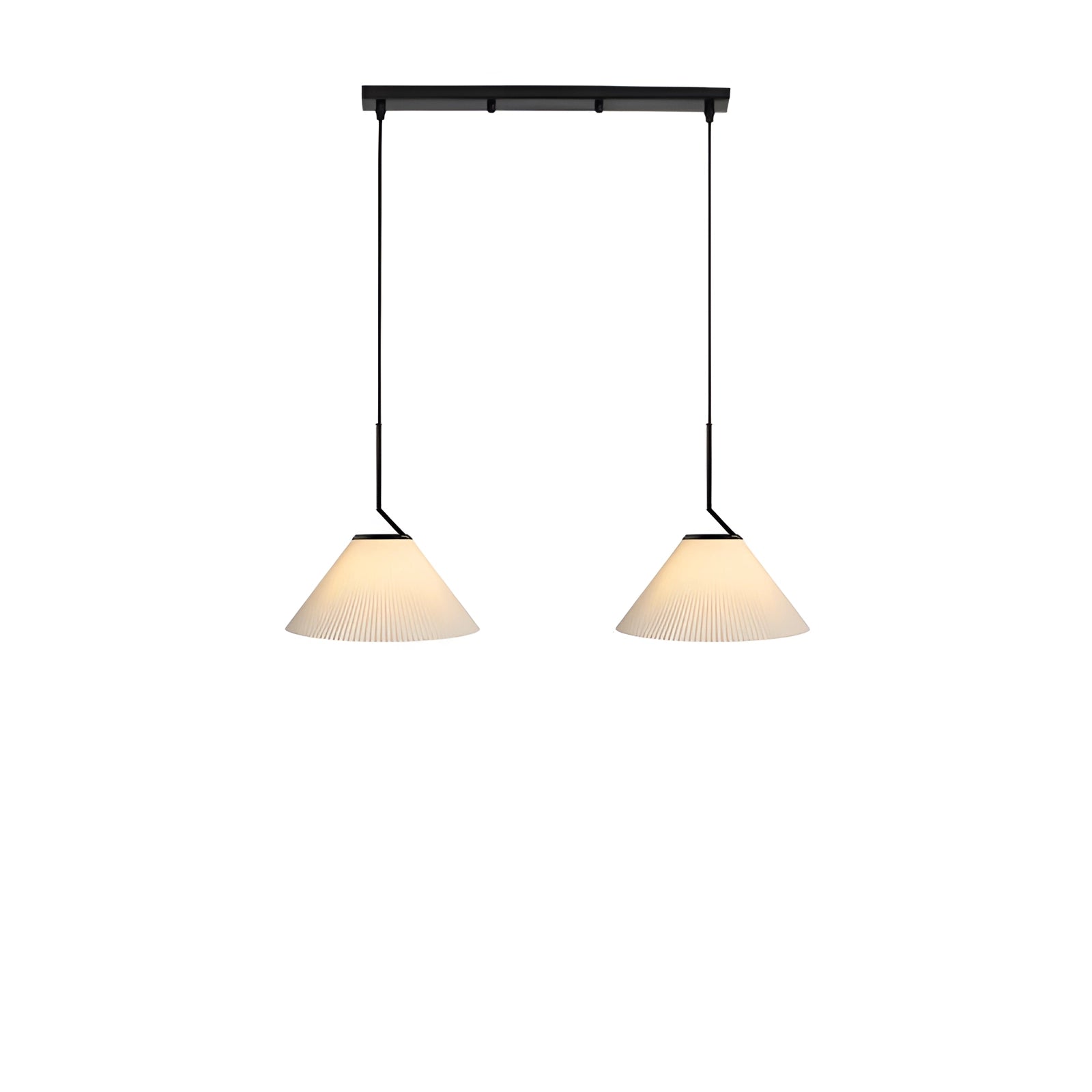 Beige Scandinavian cone pendant light in modern minimalist design hanging over a wooden dining table with a ceiling fixture featuring two lamps in a beam and three adjustable lamps.