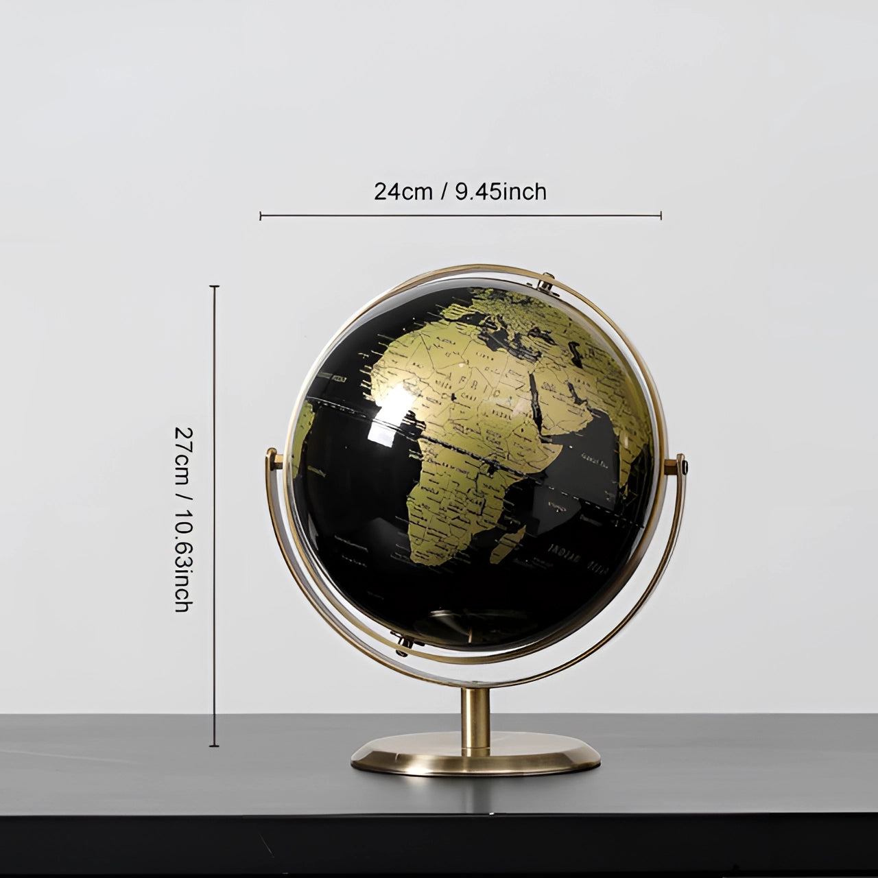 Black cork globe with pins, 24cm in diameter, displaying a decorative world map design.