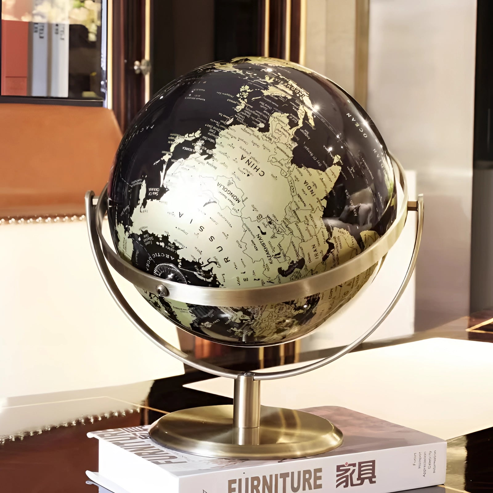 Black cork globe with pins featuring a 24cm decorative world map, showcasing detailed continents and countries in contrasting tints and shades, designed as a spherical art piece.