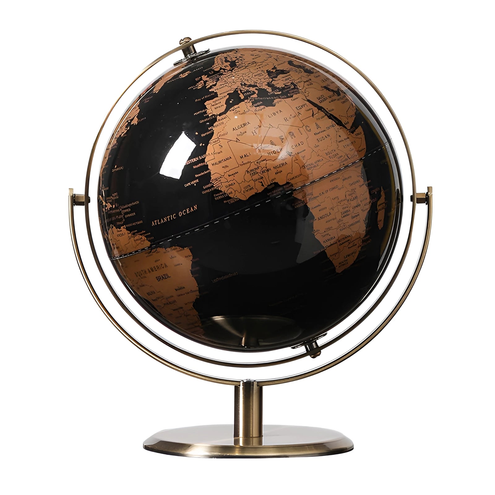 Black cork globe with pins featuring a 24cm decorative world map, showcasing continents and countries in a stylized artistic design.