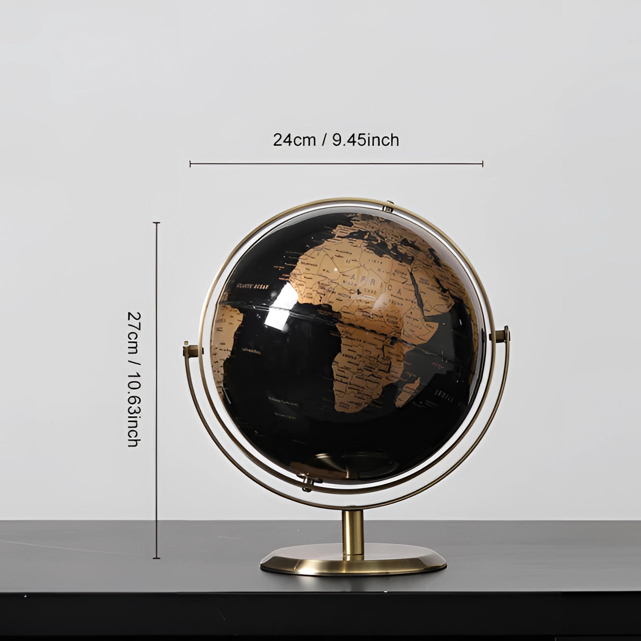 Black cork globe with pins, featuring a 24cm decorative world map design, showcasing continents and countries in a circular format.