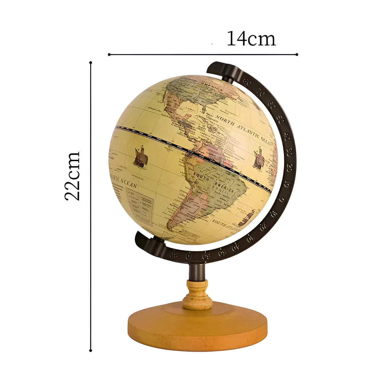 Black cork globe with yellow pins on a metal stand, featuring a 24cm decorative world map design, suitable for interior design and educational purposes.