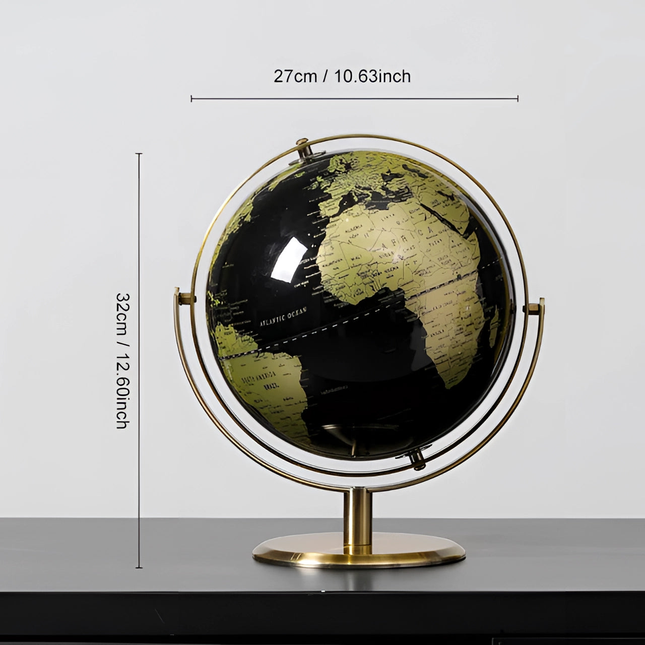 Black cork globe with pins, 24cm in diameter, featuring a decorative world map design.