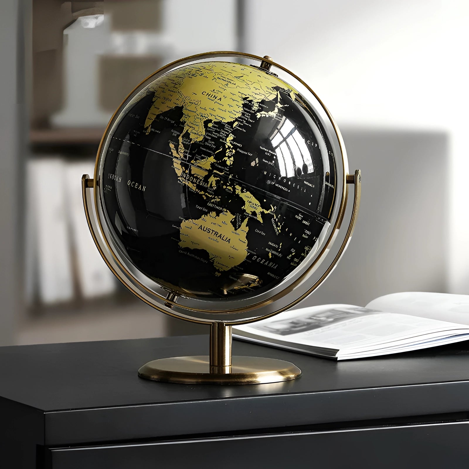 Black cork globe with pins featuring a 24cm decorative world map, showcasing continents and countries in a circular design, used for marking locations, blending functionality with artistic flair.