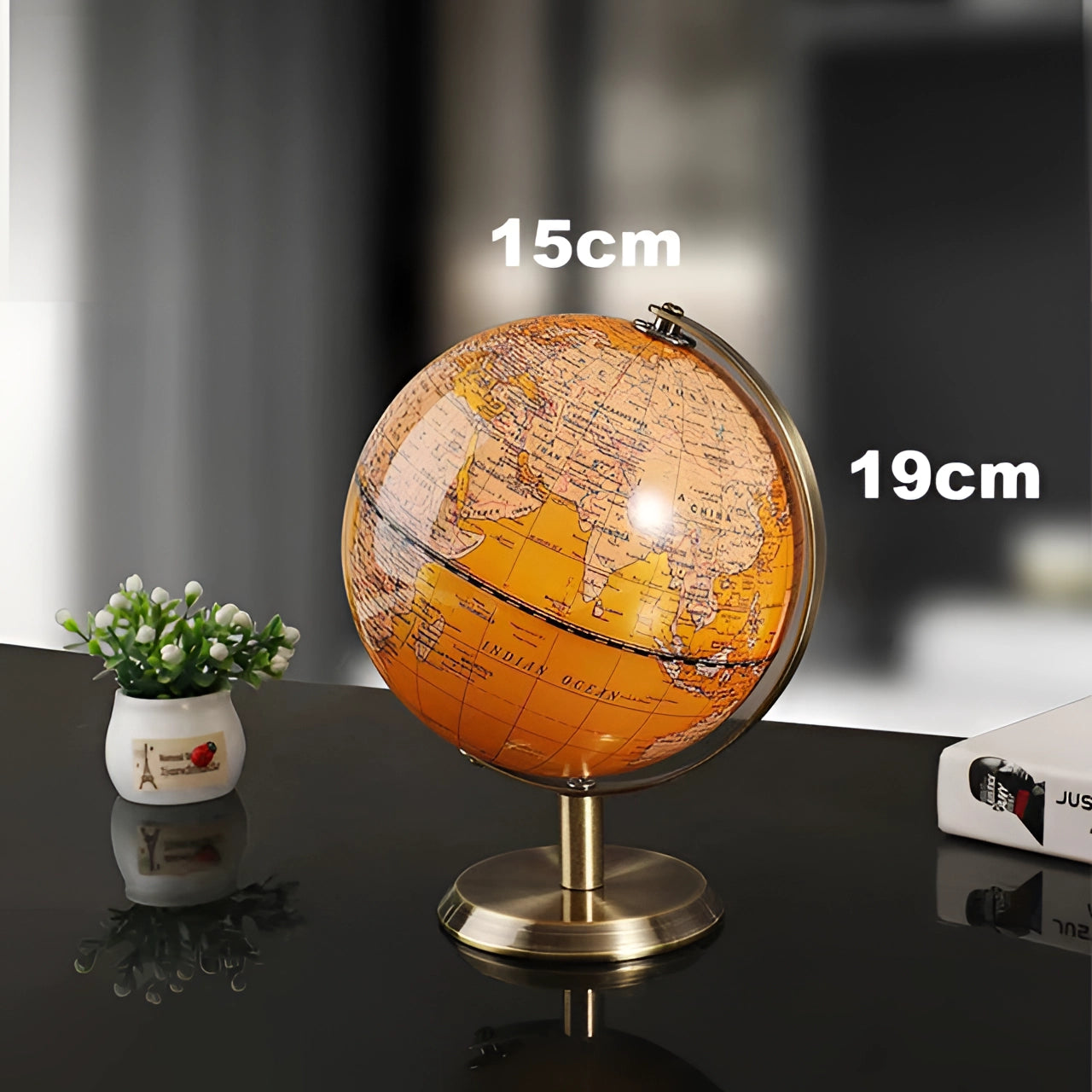 Black cork globe featuring orange landmasses, displayed on a stand, with decorative pins for marking locations; positioned beside a potted plant.
