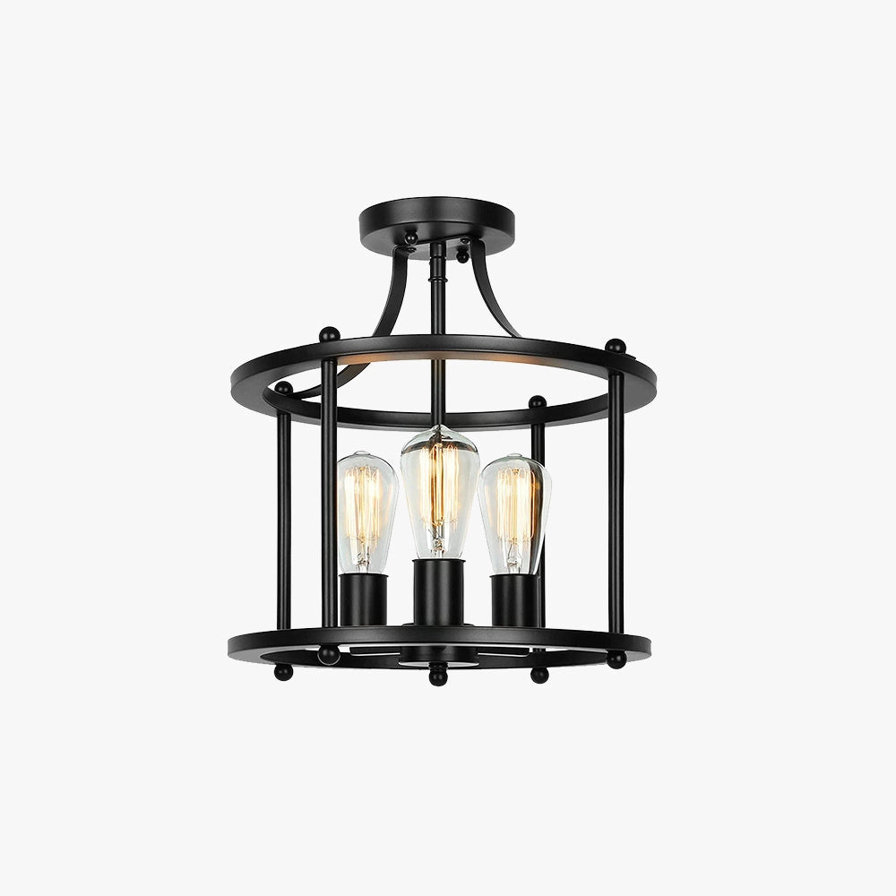 Black industrial chandelier with vintage Edison bulbs, featuring a modern farmhouse design. The chandelier is constructed with metal and glass elements in a lantern-like style.
