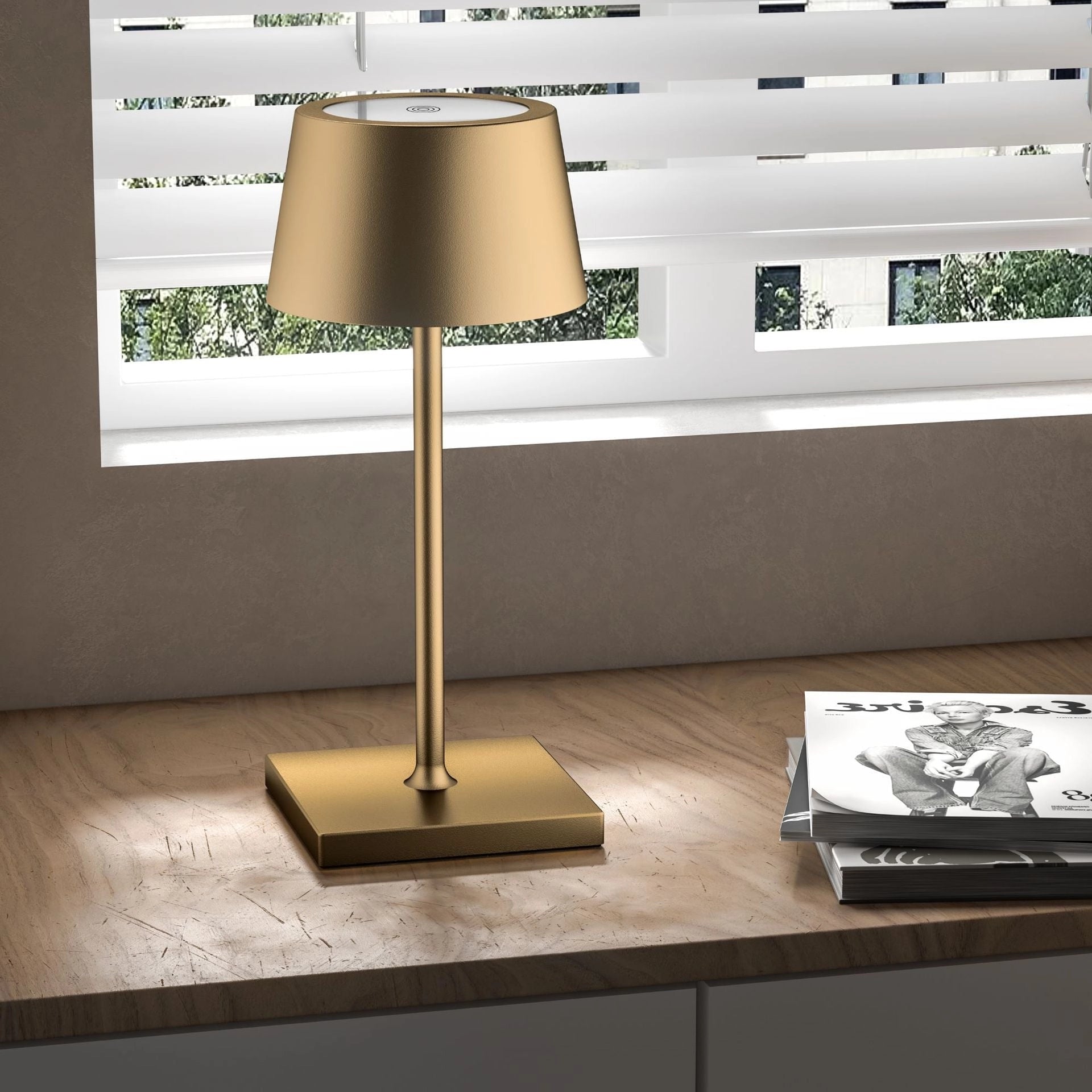Sleek black LED desk lamp featuring a rectangular design with touch sensor controls, adjustable brightness settings, and a USB charging port, placed on a wooden table.