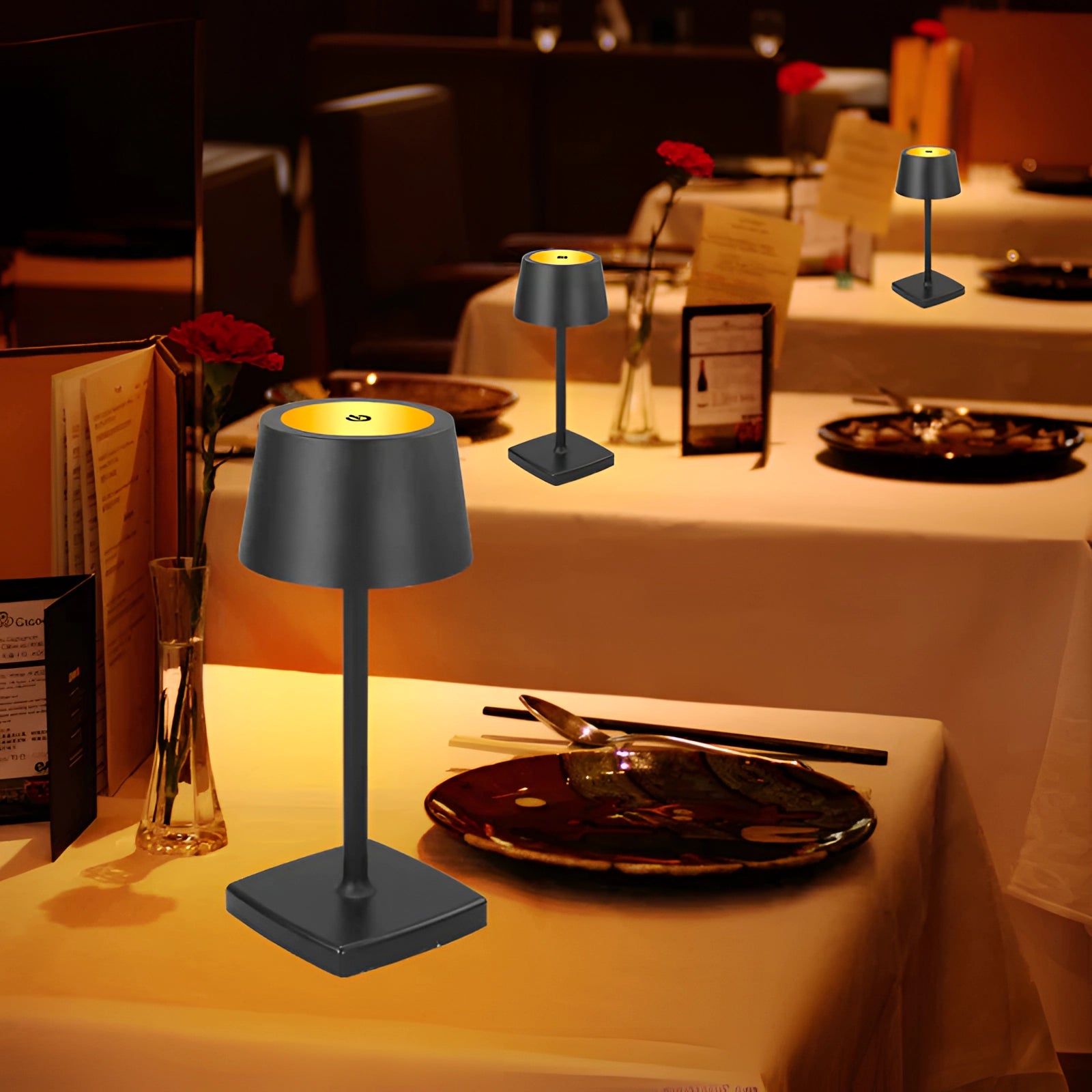 Black LED desk lamp with USB charging and touch sensor, placed on a modern wooden table in a stylishly designed interior room. The lamp features adjustable brightness settings, complementing the contemporary decor.