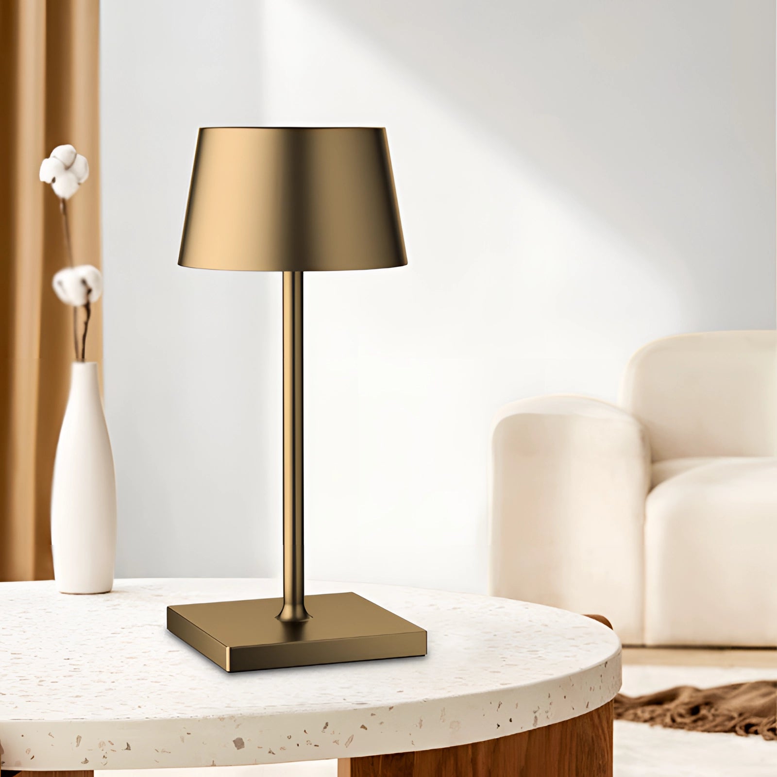 Black LED desk lamp with USB charging and touch sensor, featuring adjustable brightness, placed on a wooden surface in a beige-toned interior setting.