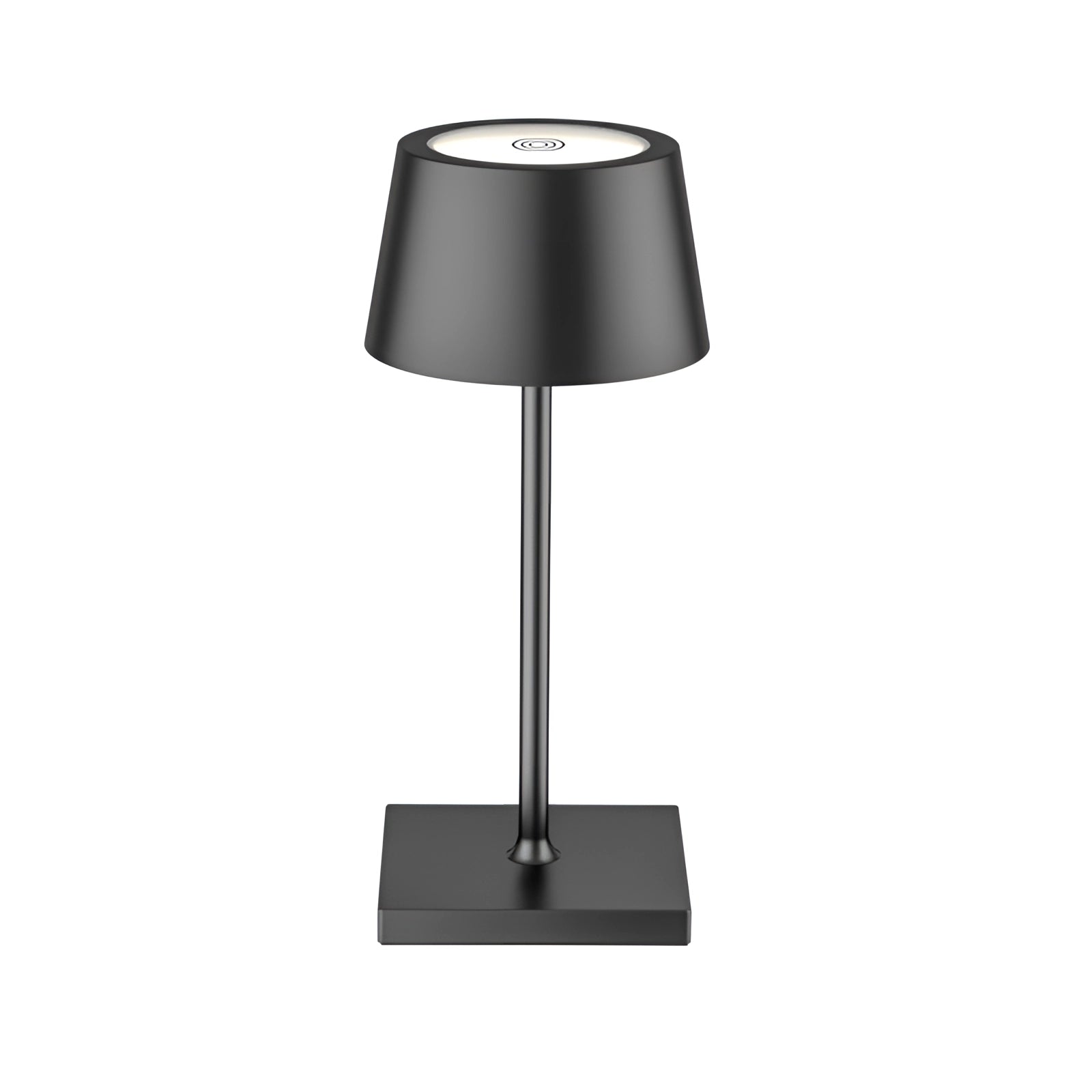 A sleek black LED desk lamp with a rectangular base, USB charging port, and a touch sensor for adjustable brightness, positioned on a table.