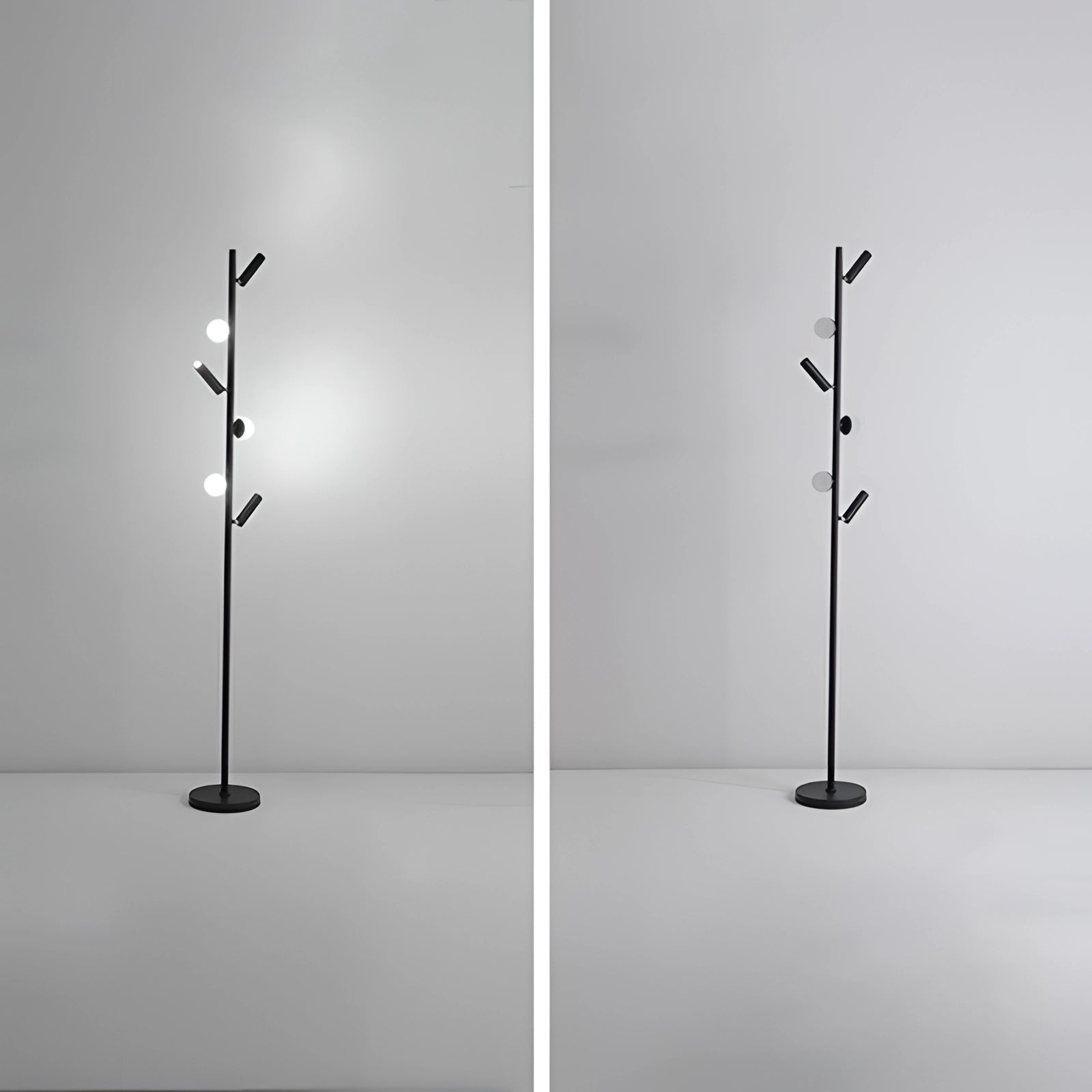 A black minimalist coat stand with a modern and sleek freestanding design, set against a grey monochrome background.