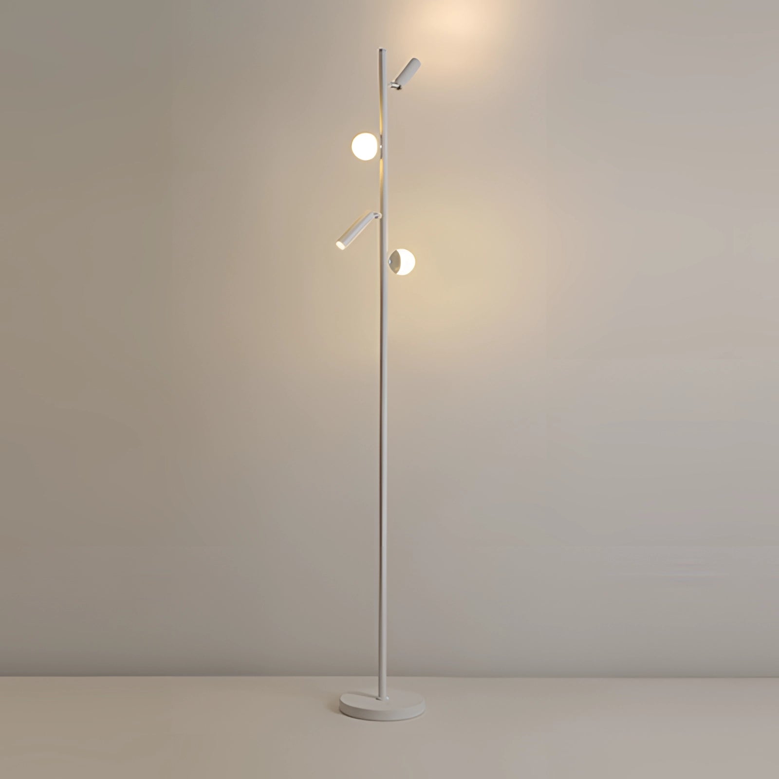
A modern and sleek freestanding coat stand with four arms, featuring a textured white finish and warm light accents, set against a minimalist background.