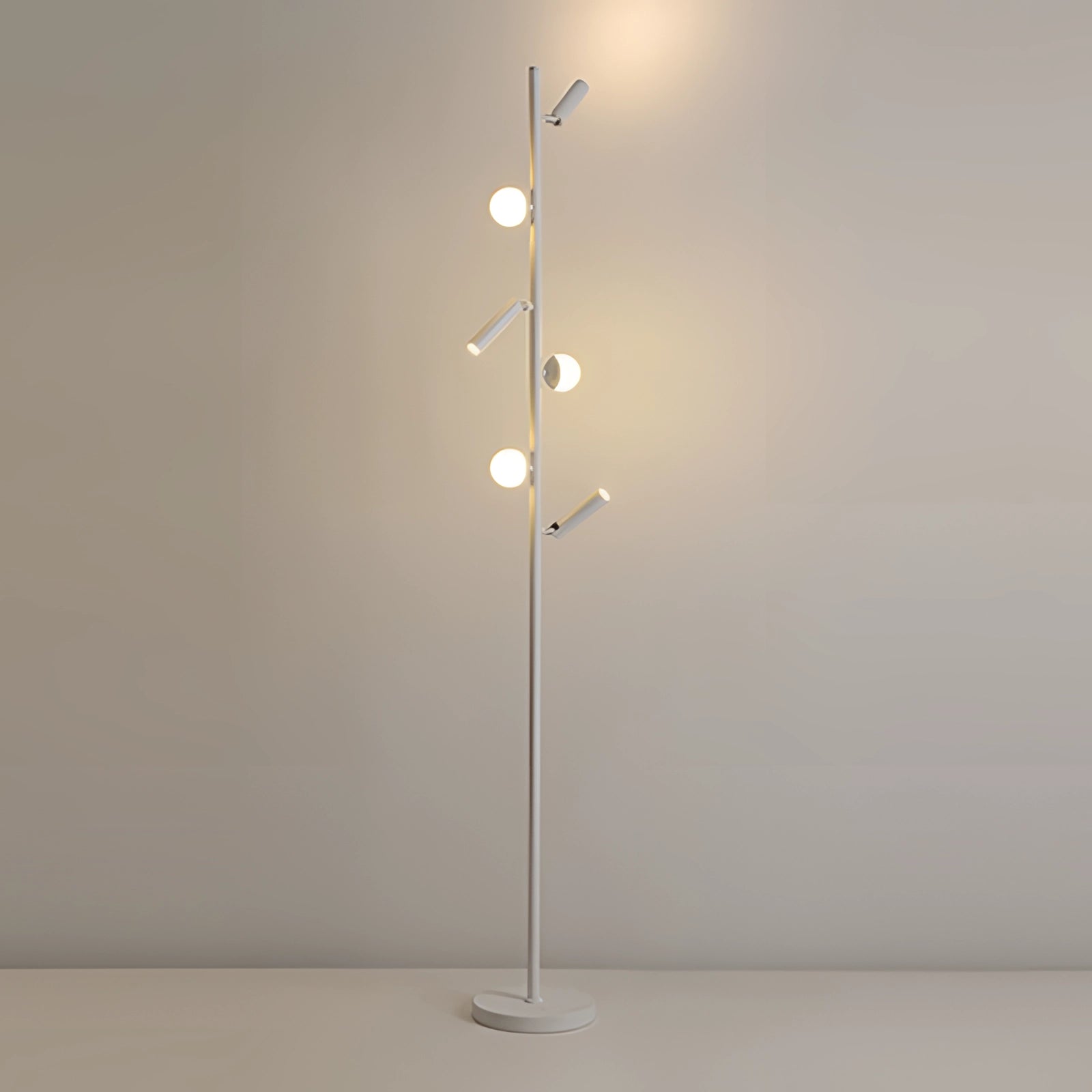
A modern and sleek freestanding coat stand with a minimalist design, featuring six hooks. The stand is presented in a textured white finish, complemented by warm lighting, creating an elegant and contemporary look.