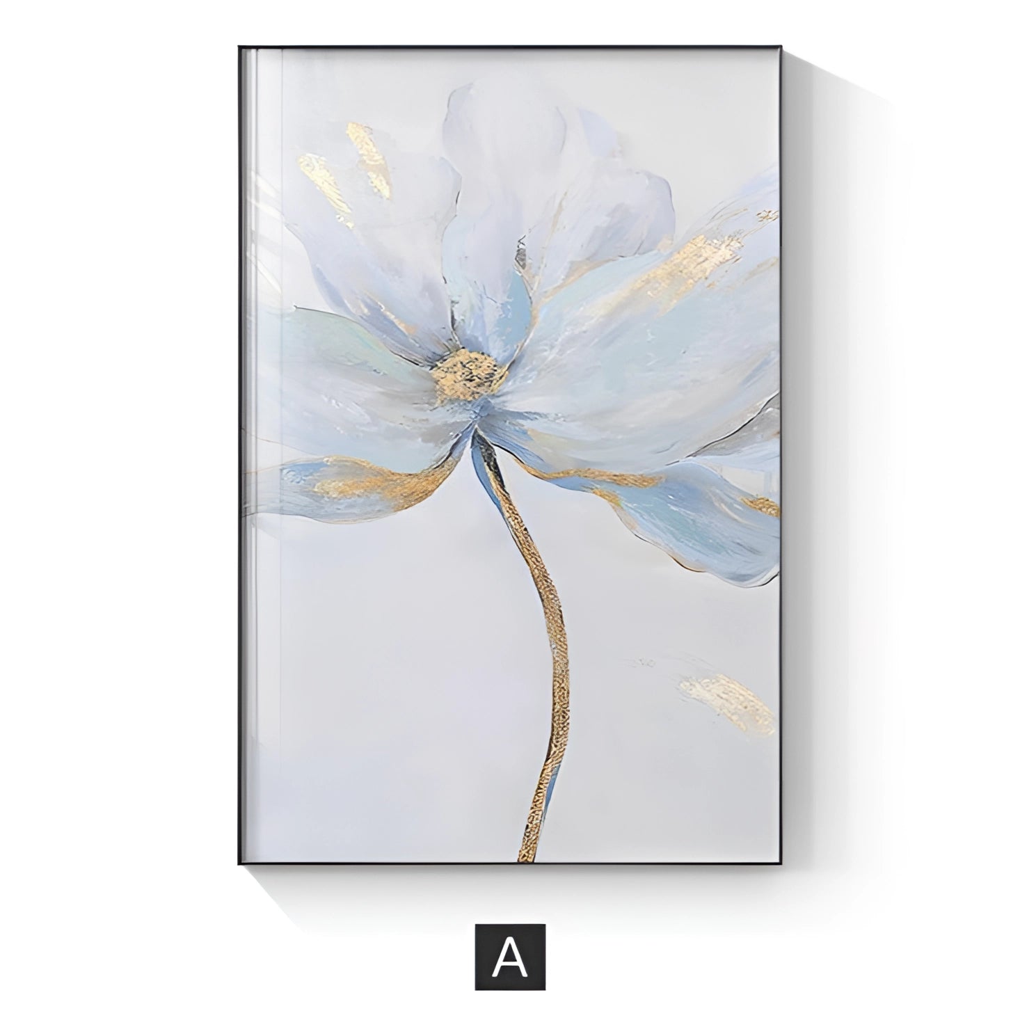 Blue flower canvas art in a modern triptych design, showcasing detailed petals and twigs against a rectangular format, suitable for living room decor.
