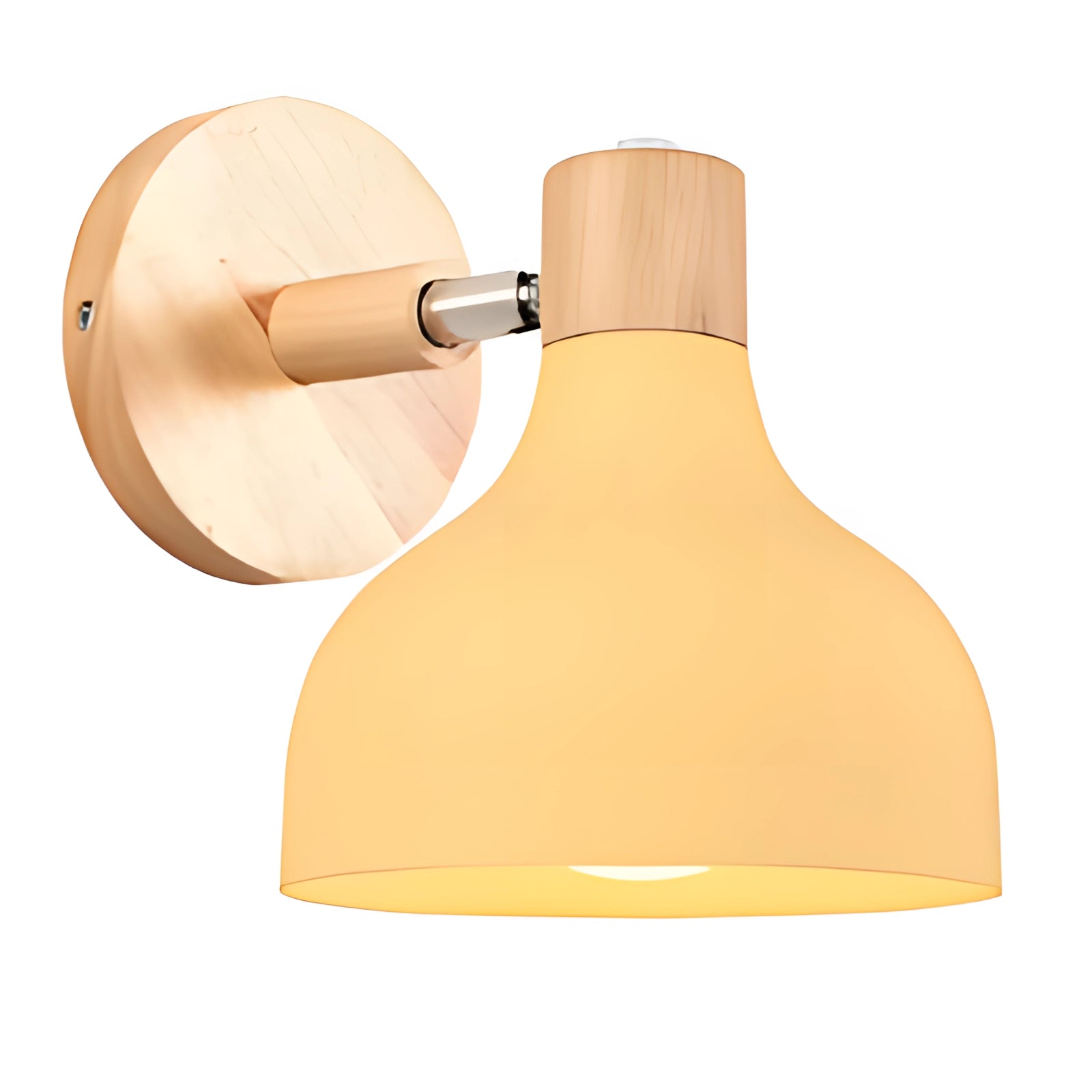 Modern Scandinavian style wall lamp with a light yellow shade, featuring a blue wooden base. The lamp is designed with an adjustable arm and circular elements, incorporating a blend of wood and metal materials.