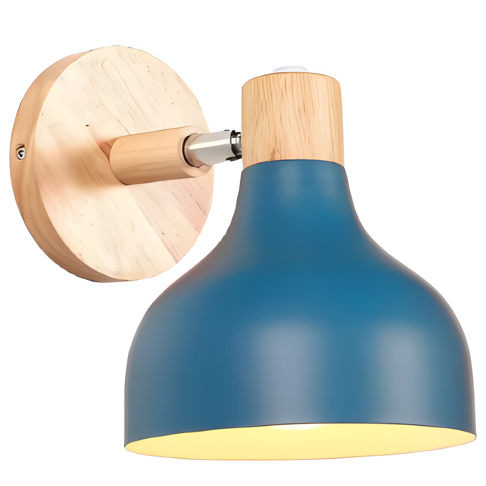A modern Scandinavian wall lamp with a blue wooden base and an adjustable arm, designed in a sleek and minimalist style.