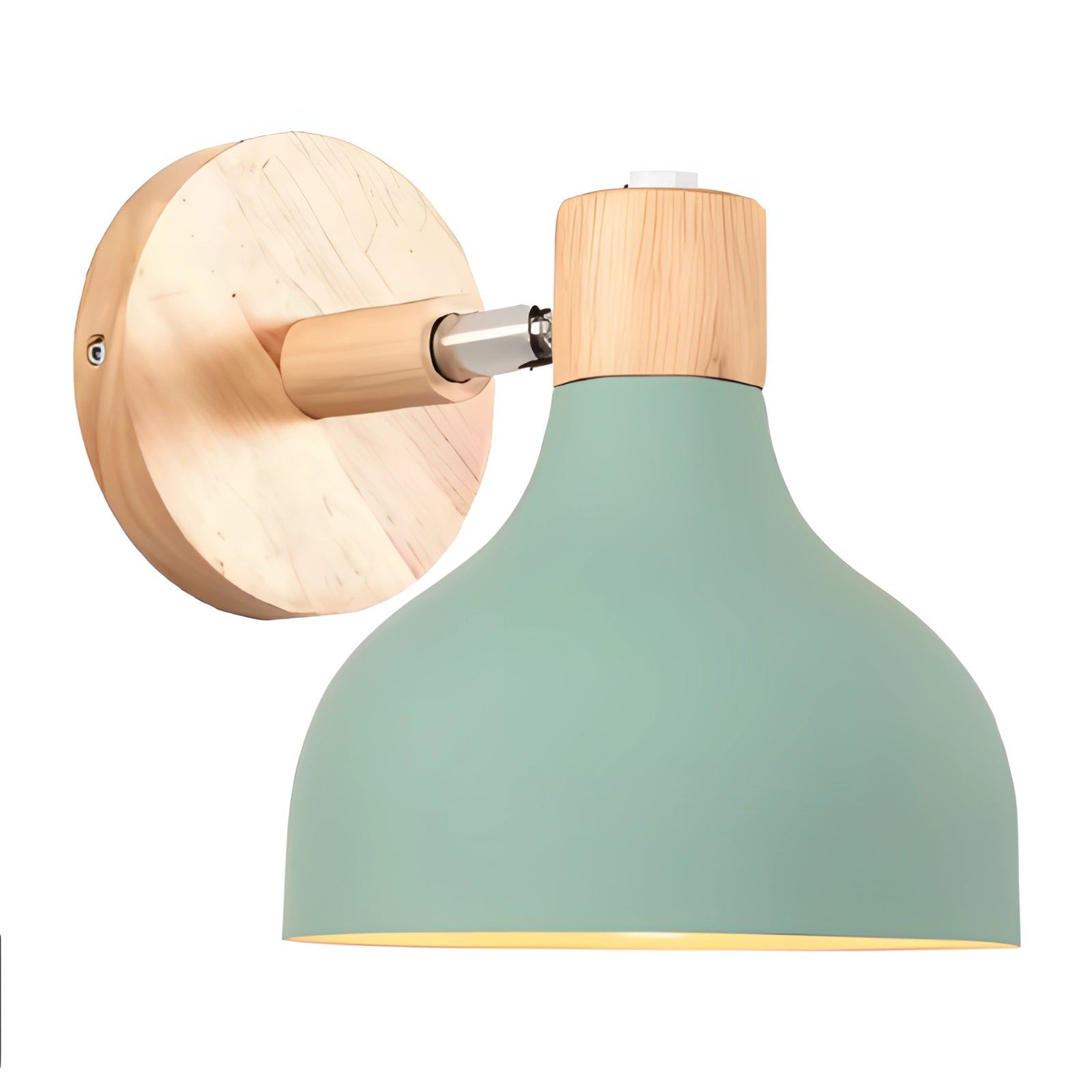Modern adjustable Scandinavian wall lamp with a blue wooden base and light green adjustable sconce, featuring a sleek and minimalist design.