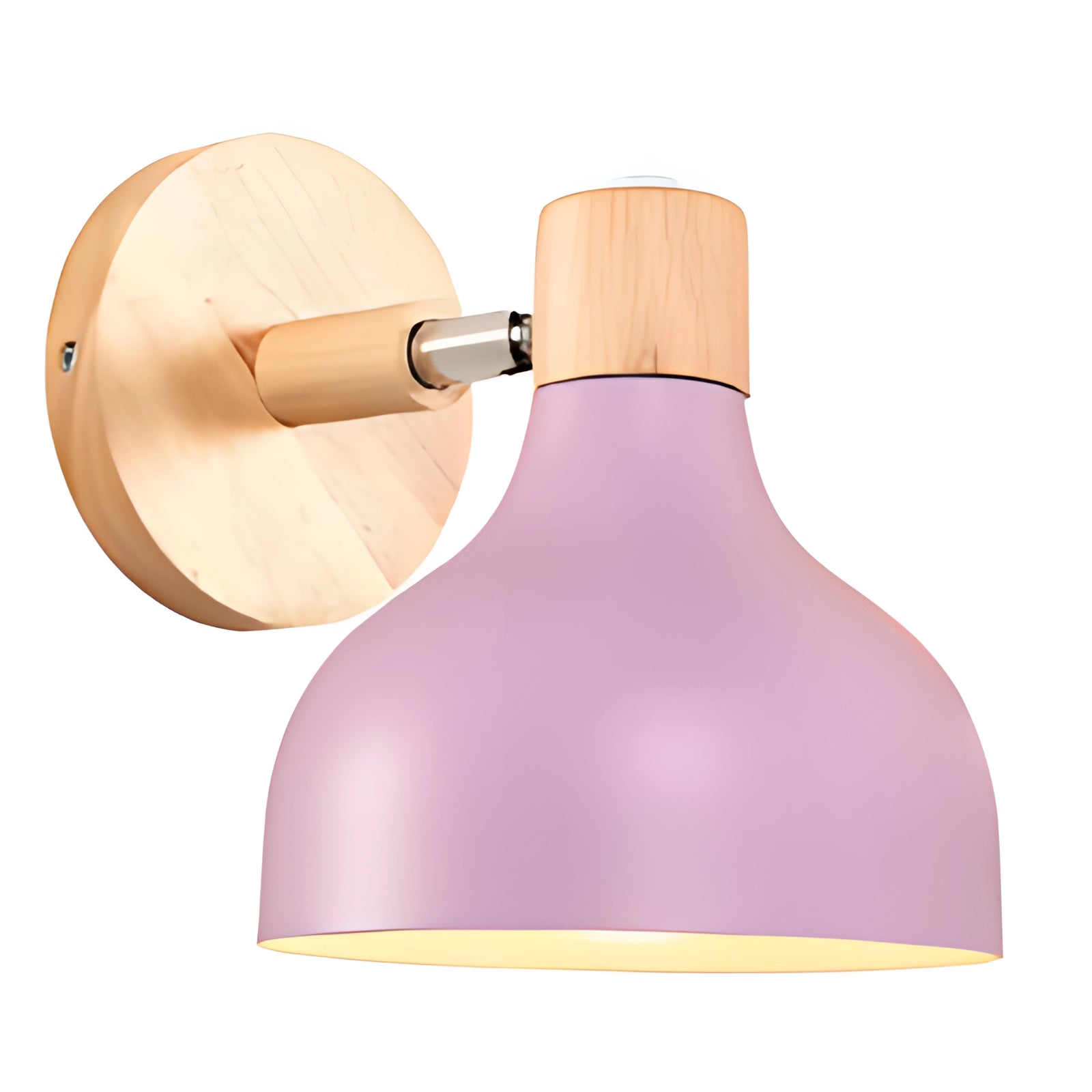 Modern Scandinavian-style wall lamp with a purple adjustable sconce and a blue wooden base. The lamp features a circular design, combining natural wooden materials with metal accents, suitable for contemporary interior decor.