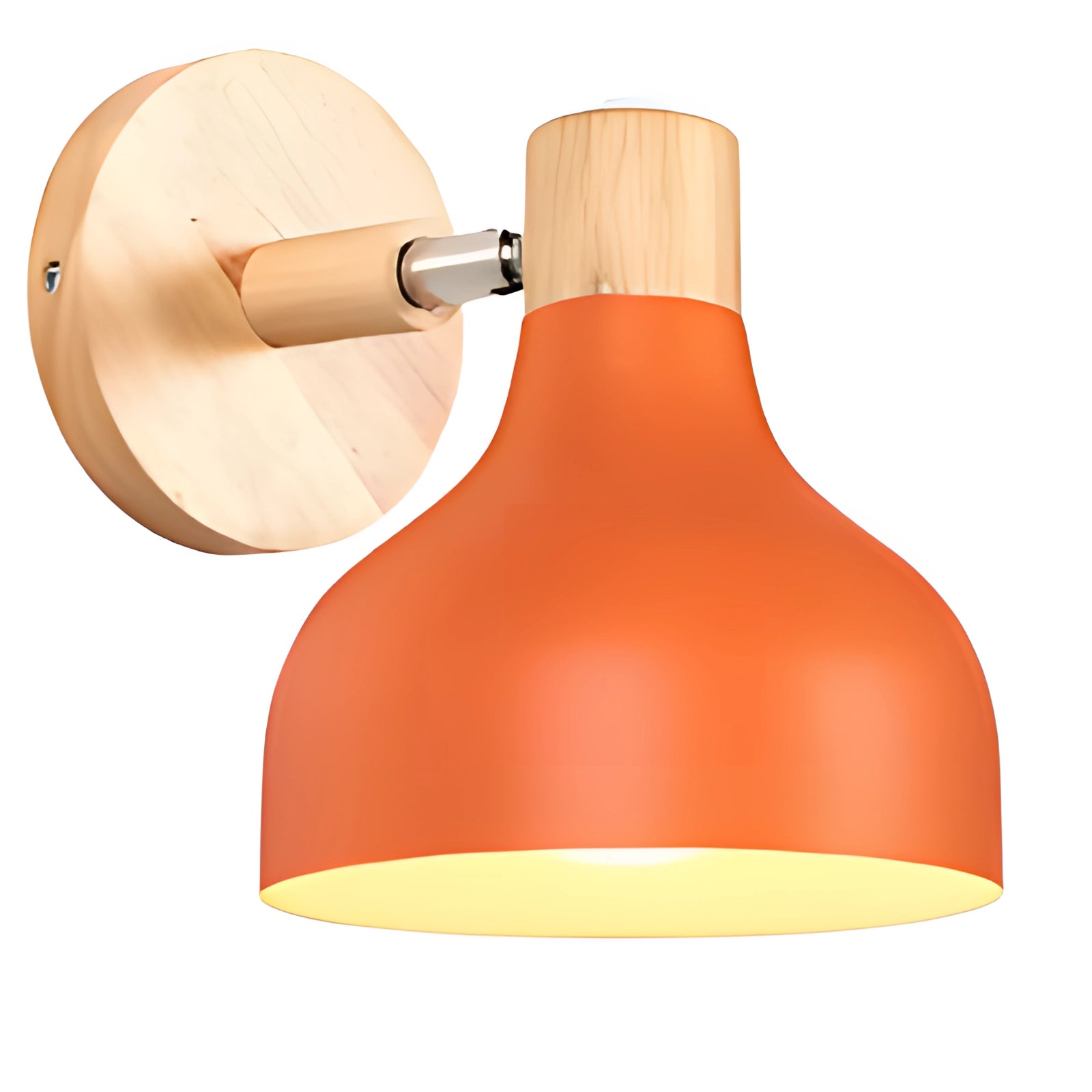 A modern adjustable Scandinavian wall sconce with a blue wooden base and an orange lamp shade.