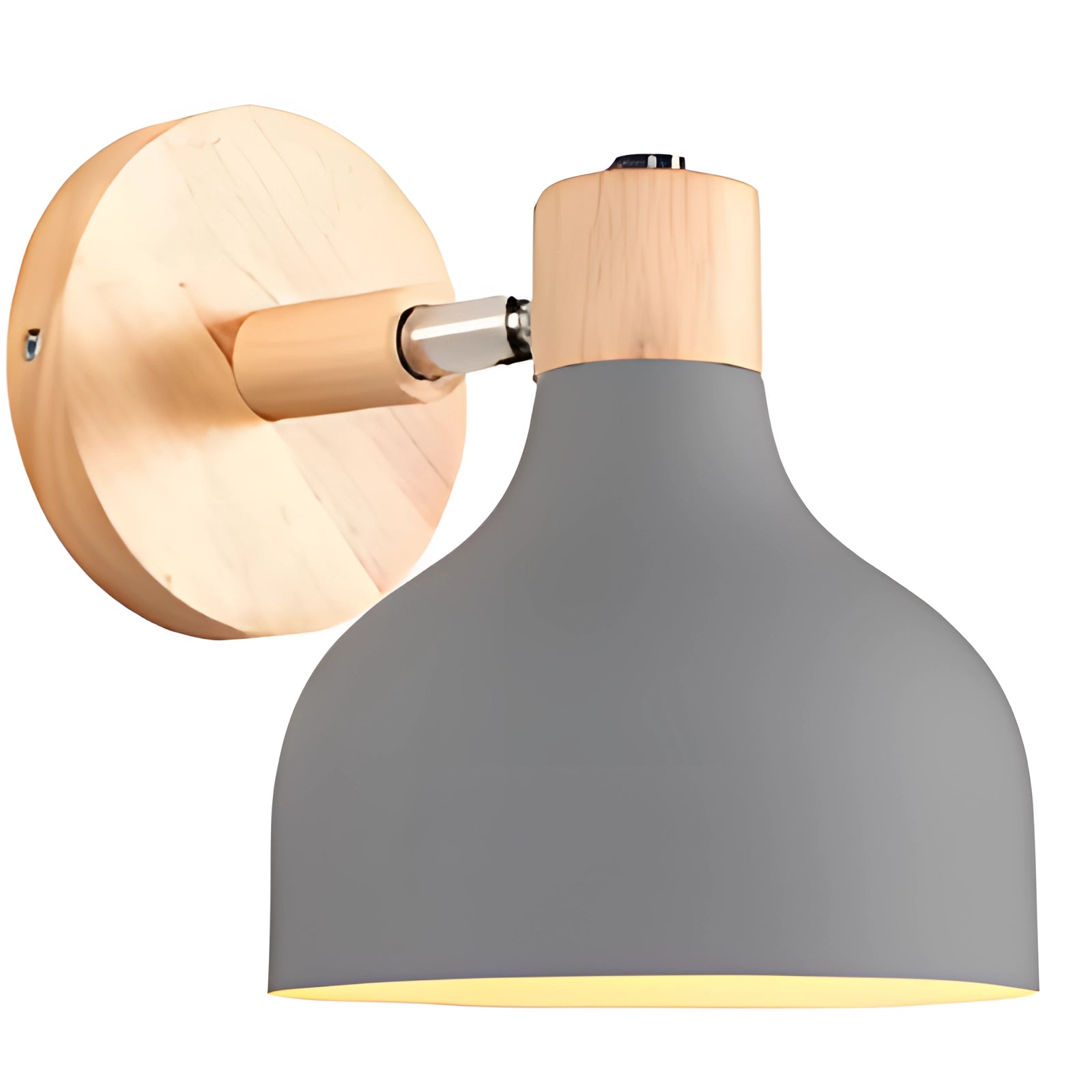 A modern Scandinavian wall lamp with a blue wooden base and a gray adjustable arm, featuring elements of metal and plywood, suitable for contemporary interior decor.