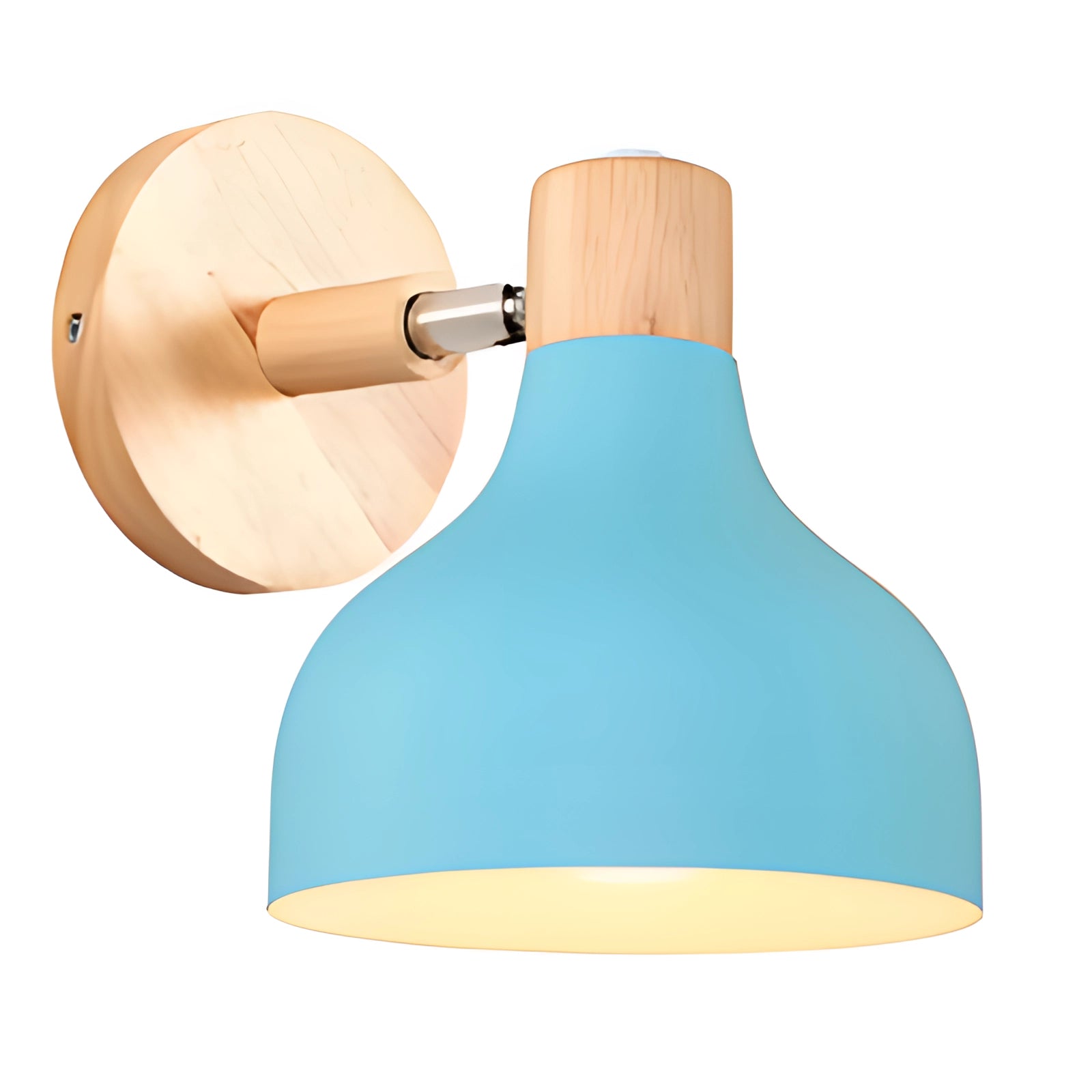 A modern adjustable Scandinavian wall sconce featuring a light blue shade and a wooden base, designed in a sleek, minimalist style.