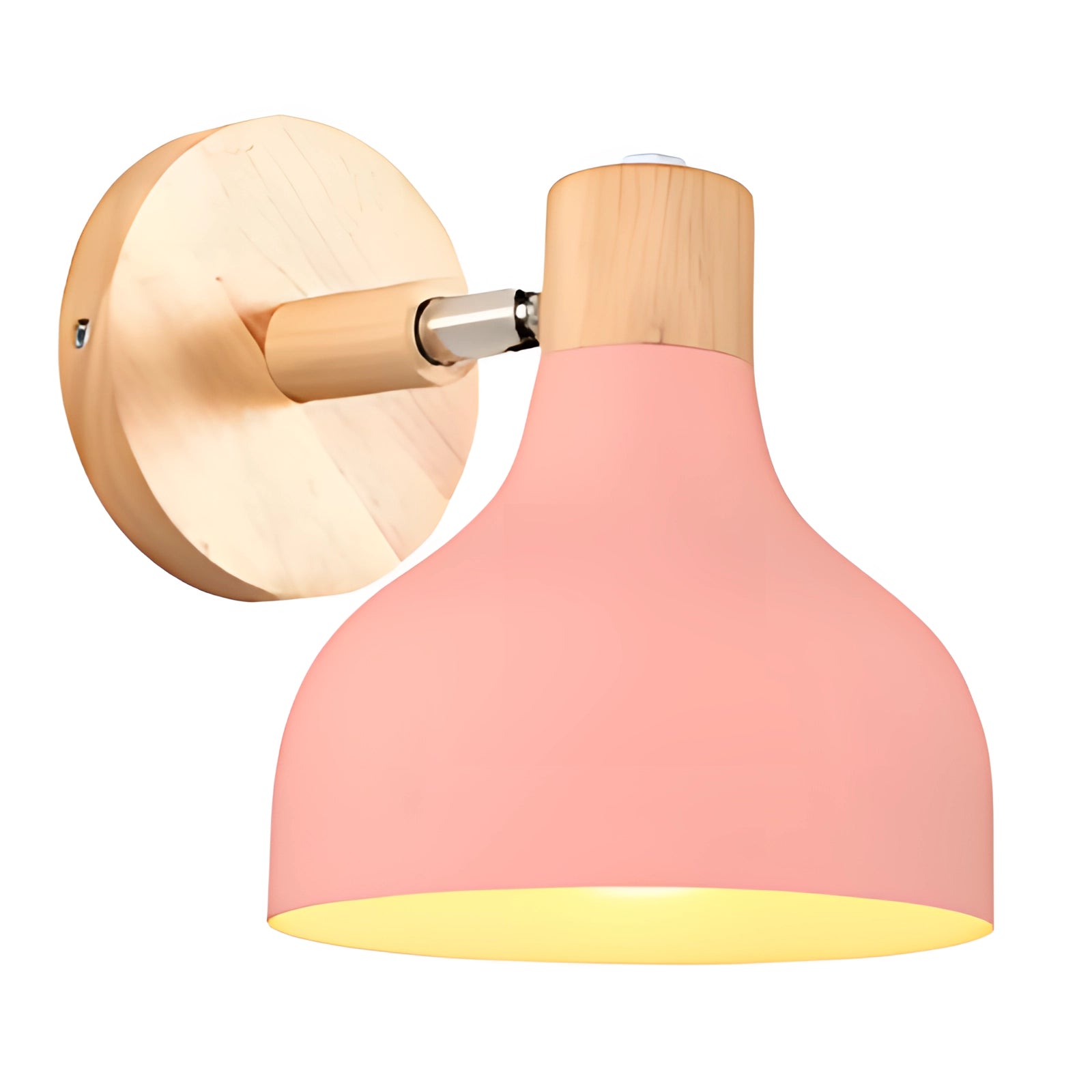 Modern adjustable Scandinavian wall sconce with a pink shade and a blue wooden base, featuring a sleek and minimalist design suitable for contemporary interiors.